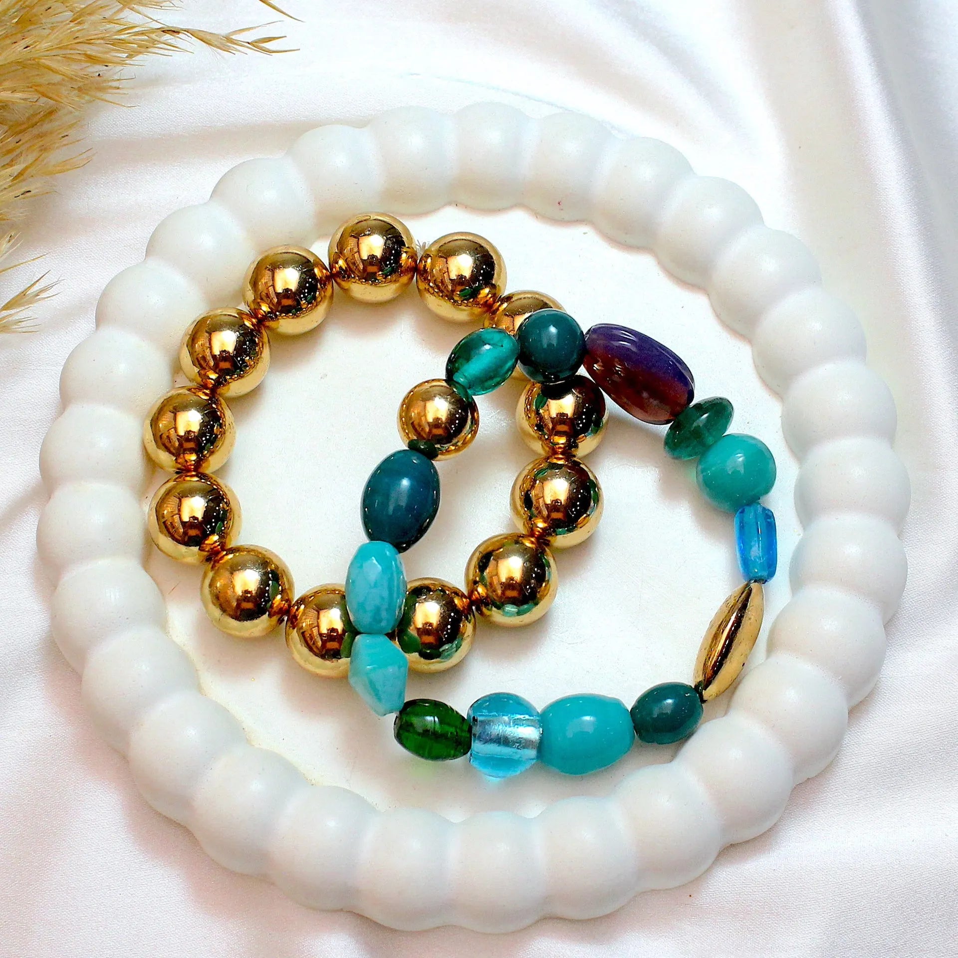 TFC Turquoise Mix & Gold Beads Stacked Bracelet (Set of 2)