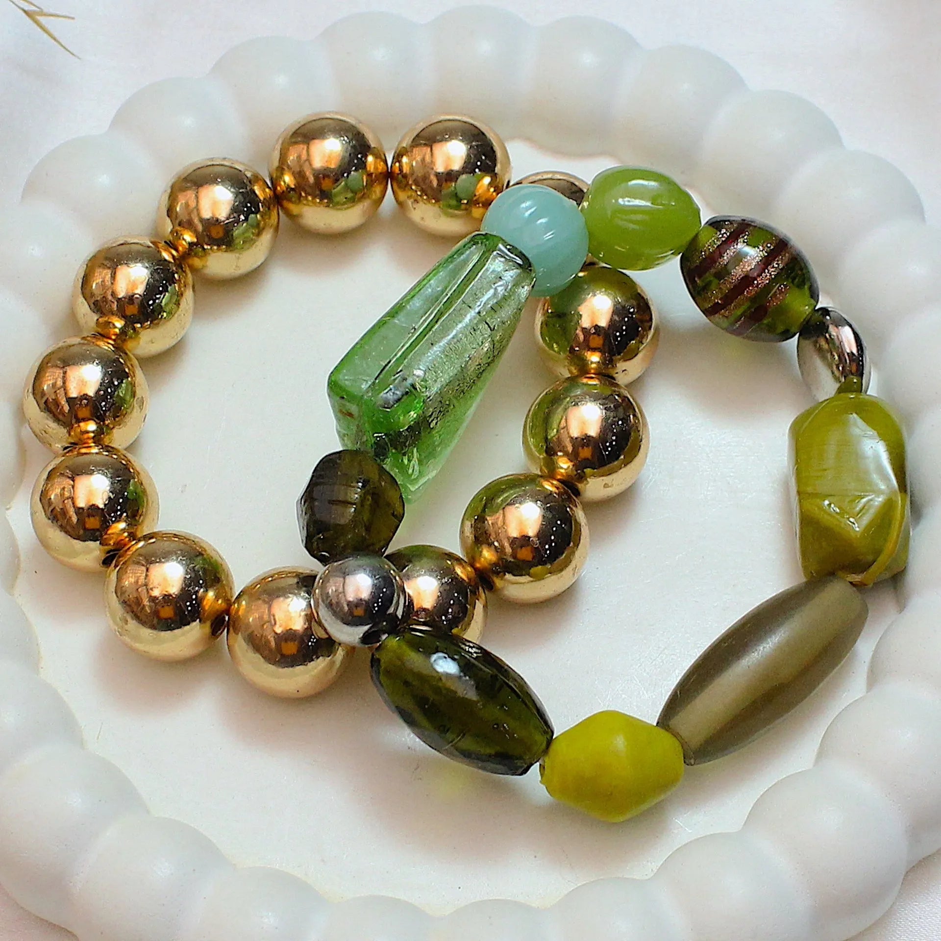 TFC Olives Mix & Gold Beads Stacked Bracelet (Set of 2)