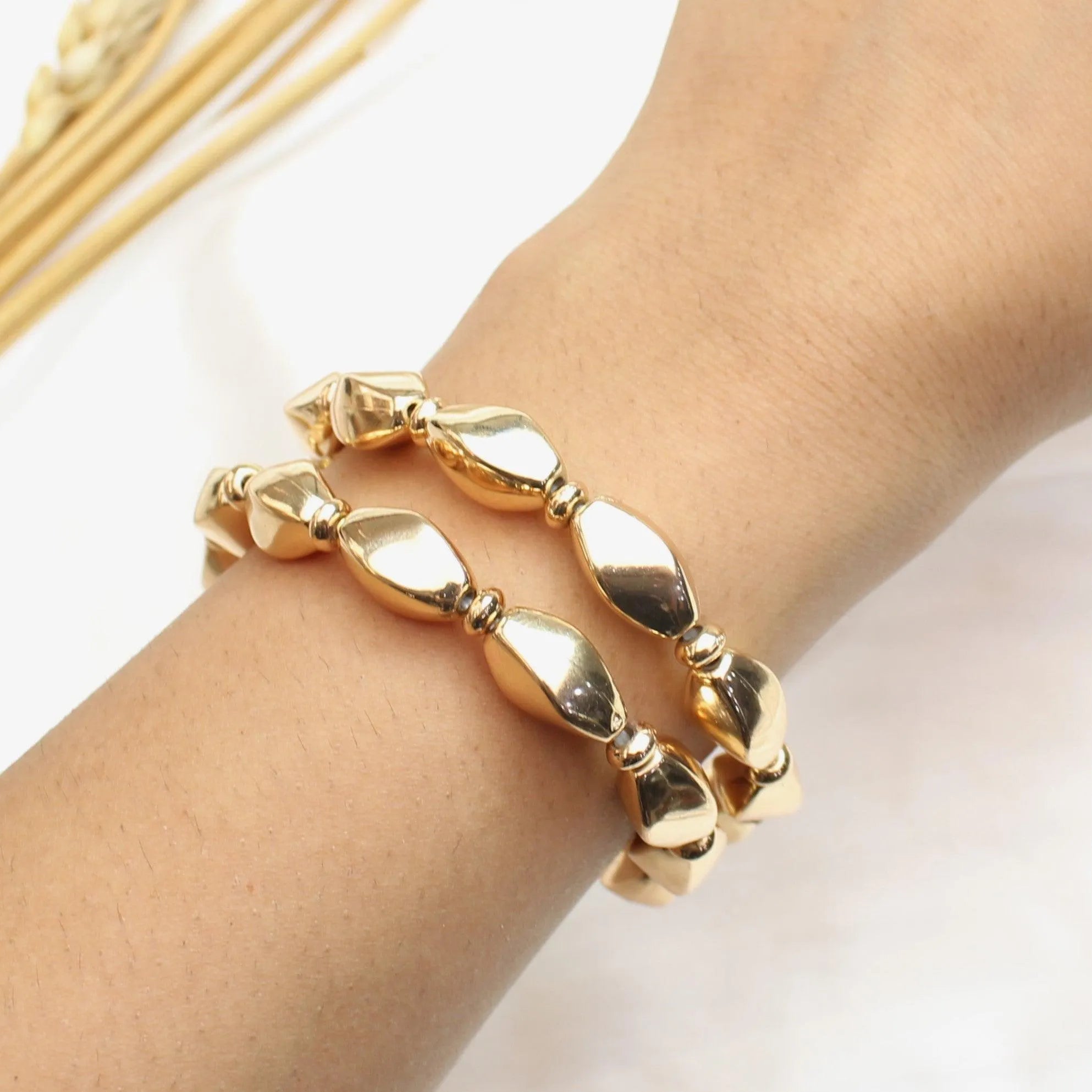 TFC Cylinder Beads Gold Plated Stacked Bracelet (Set of 2)