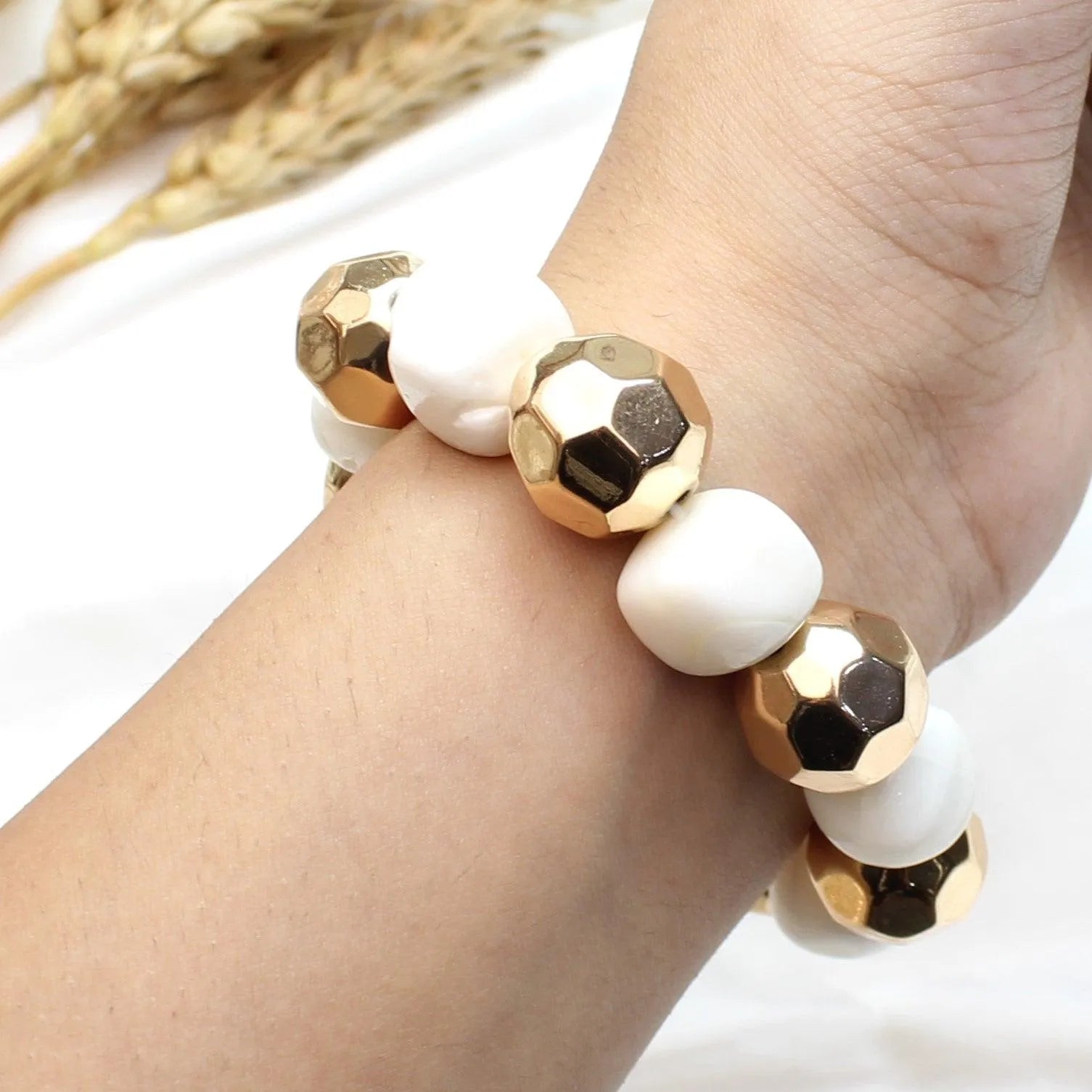 TFC Textured Bead with White Stone Gold Plated Adjustable Bracelet