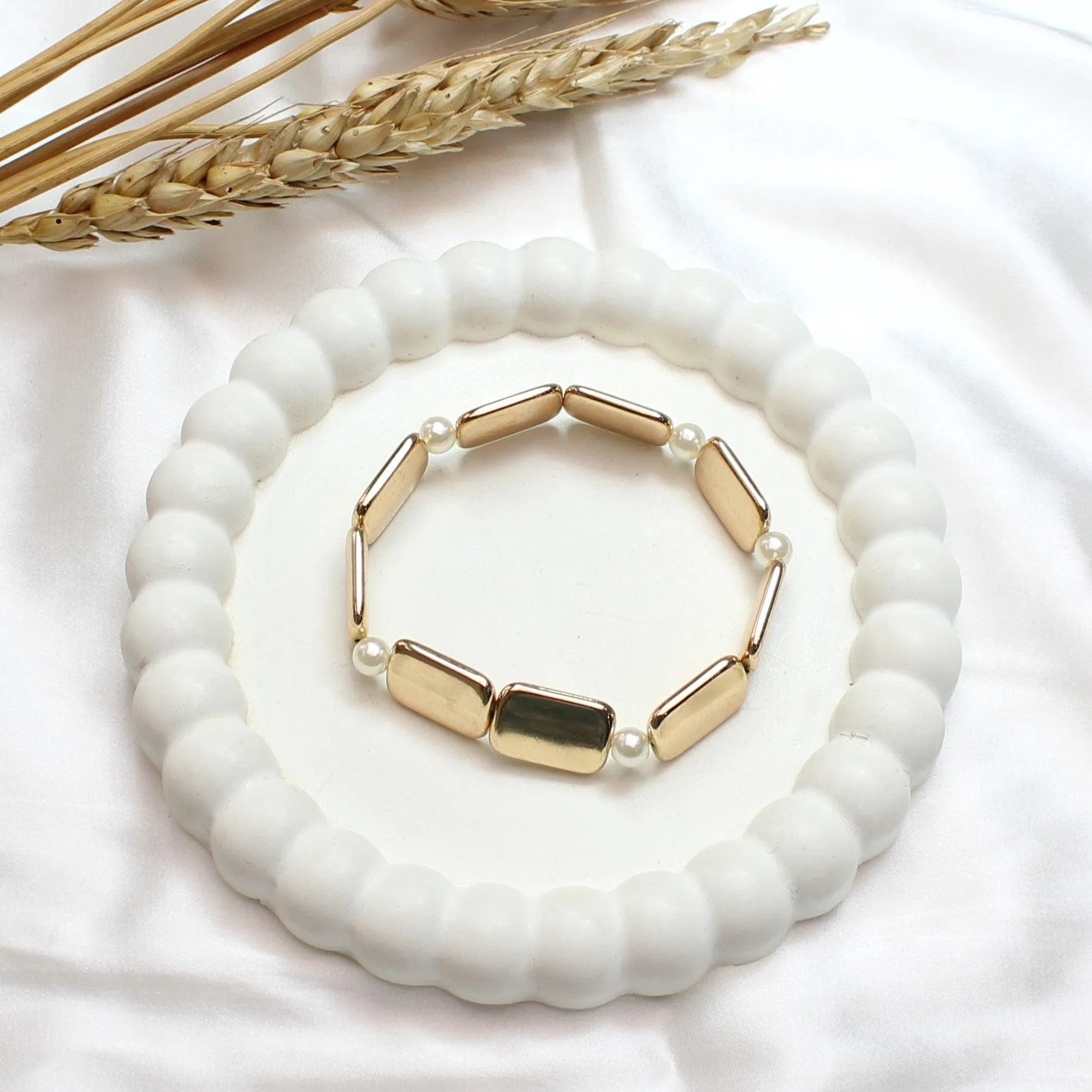 TFC Flat Rectangle & Pearl Gold Plated Adjustable Bracelet