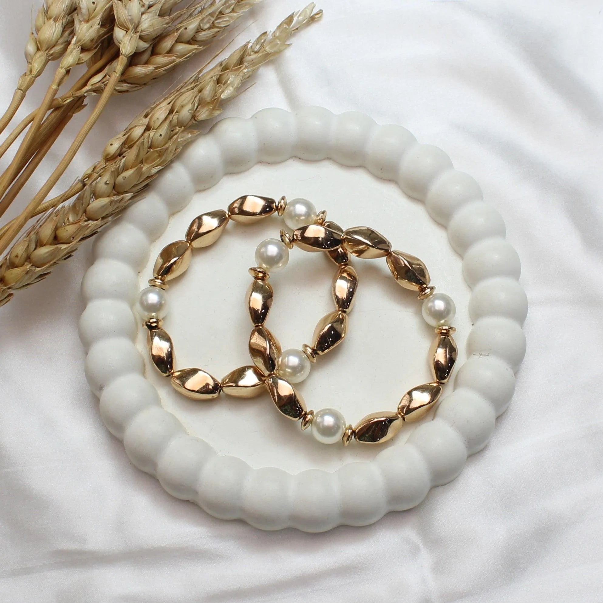 TFC Cylinder Pearl Gold Plated Stacked Bracelet (Set of 2)