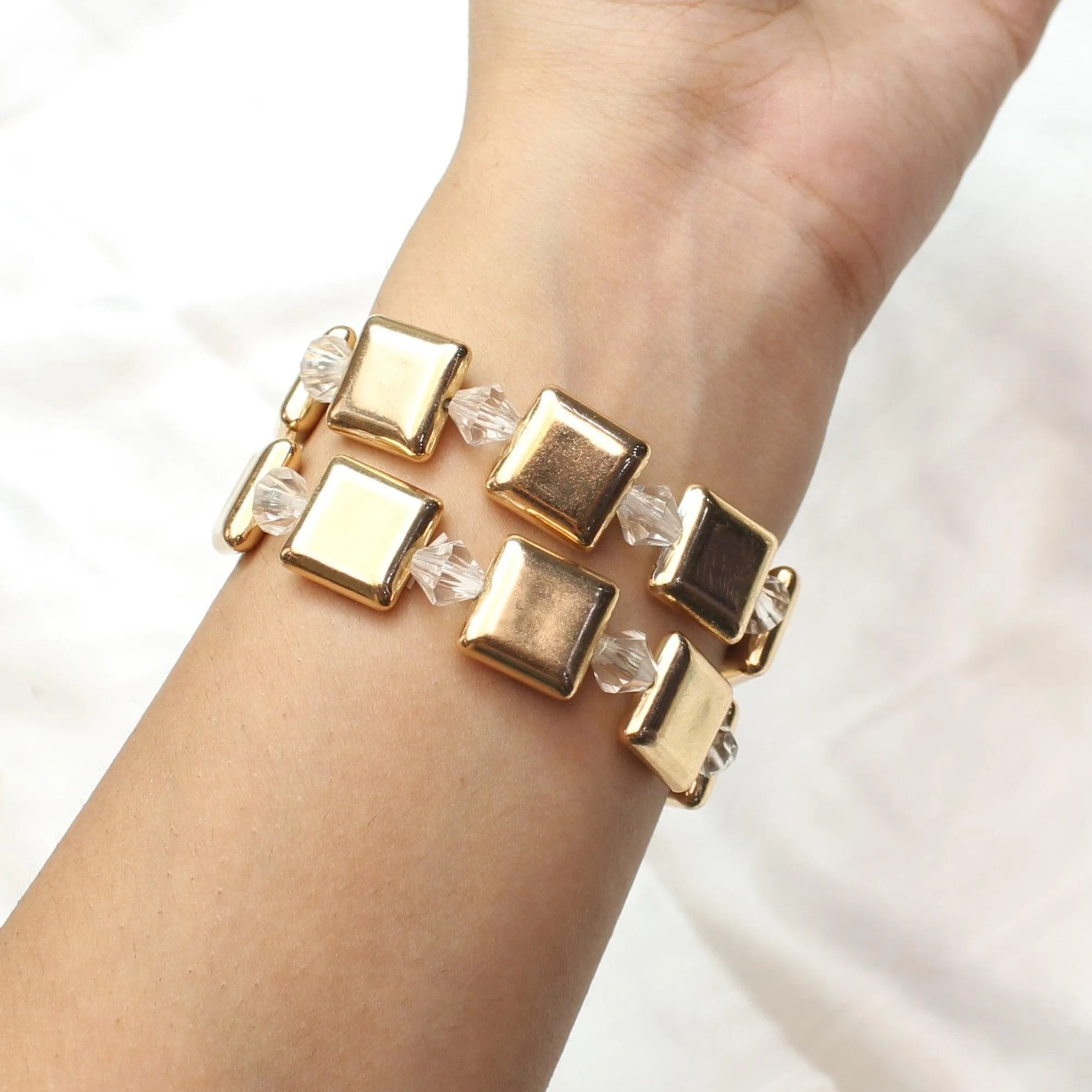 TFC Flat Squares with Crystal Beads Gold Plated Stacked Bracelet (Set of 2)