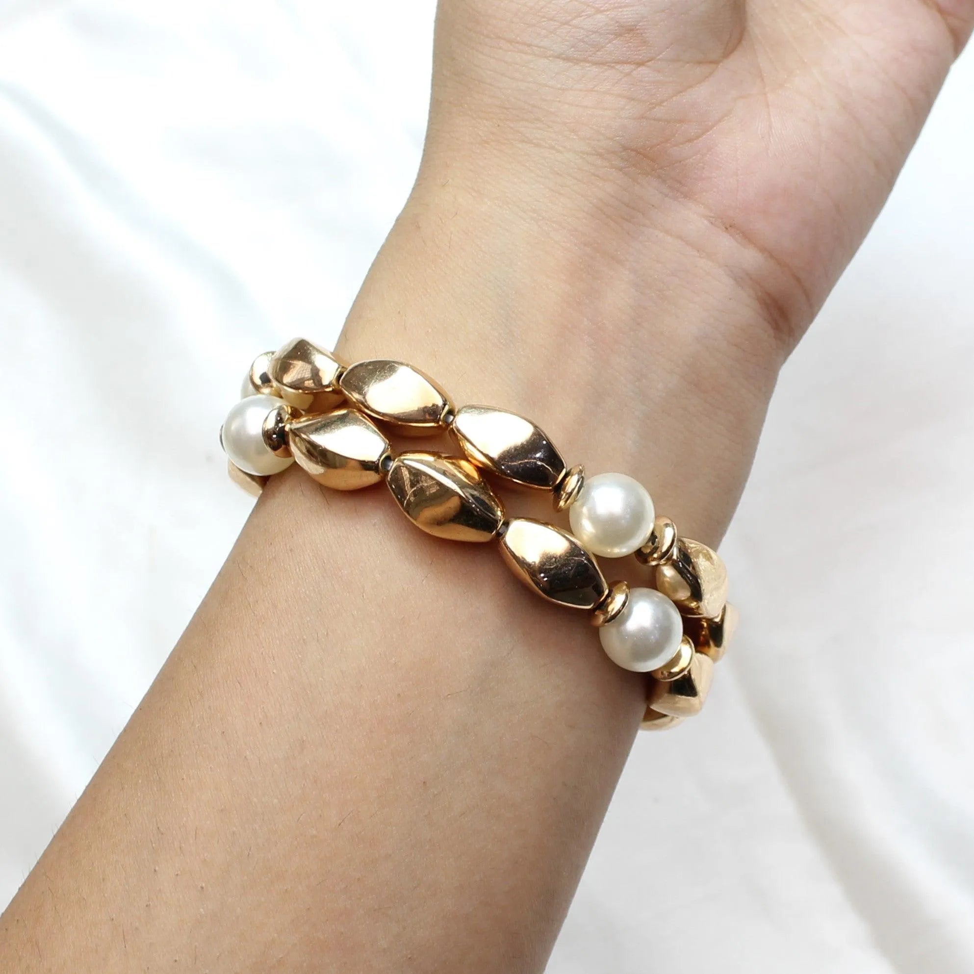 TFC Cylinder Pearl Gold Plated Stacked Bracelet (Set of 2)