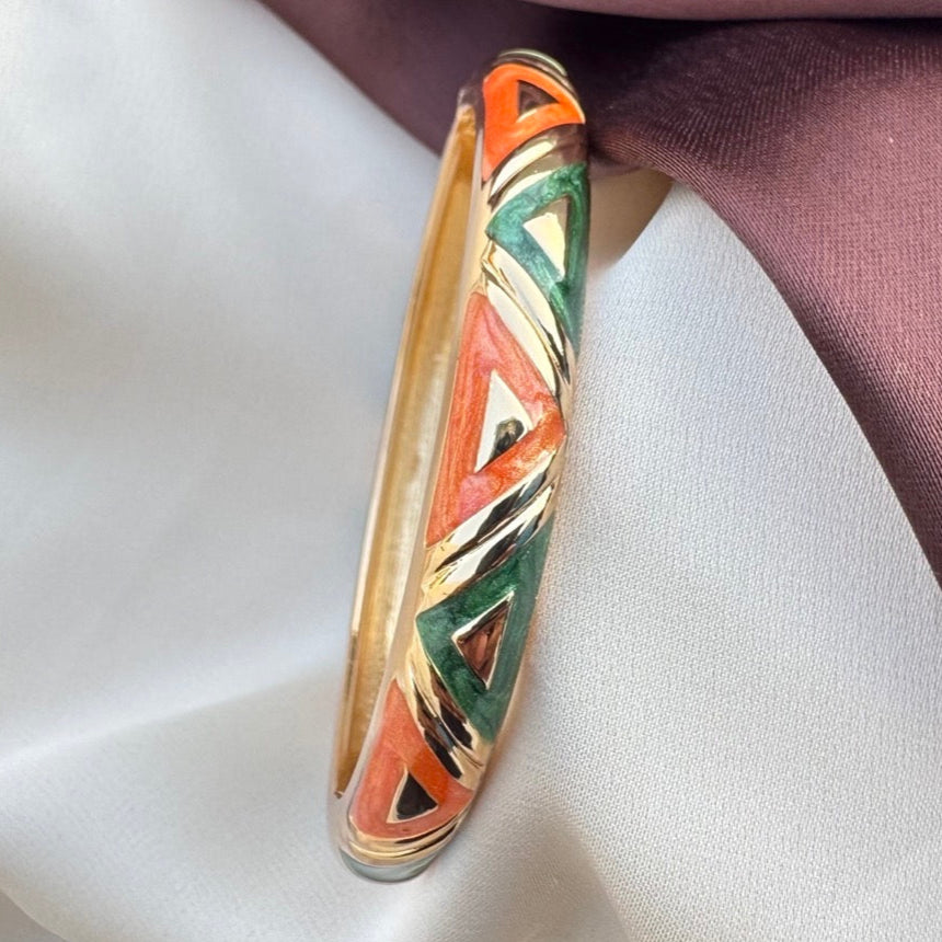 TFC Orange & Green Triangle Openable Gold Plated Enamel Bracelet Bangle (size 2.6)