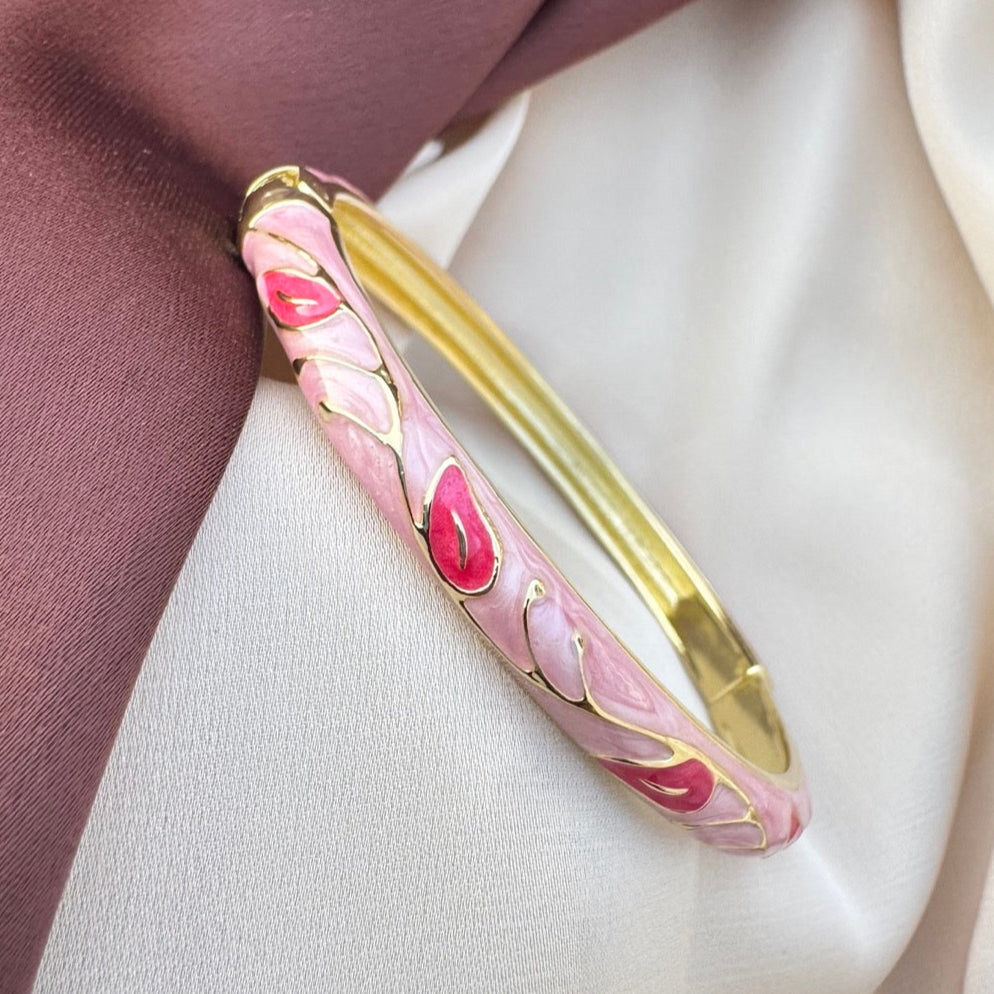 TFC Pink With Red Leaf Enamel Bracelet Bangle (size 2.6)