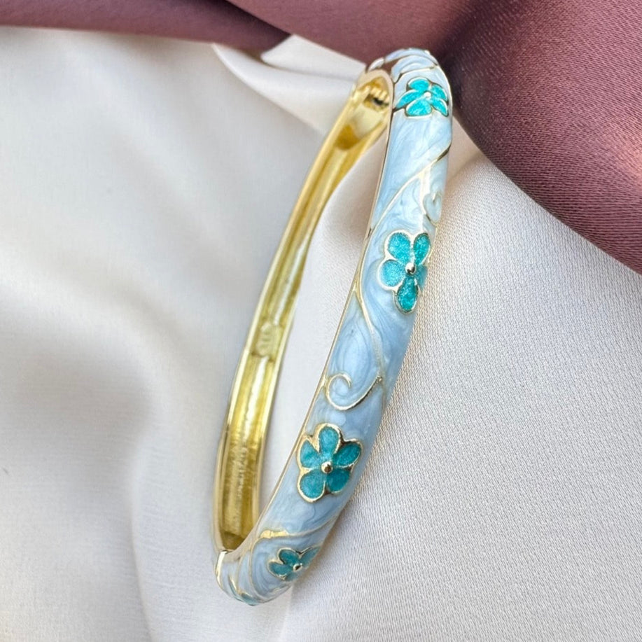 TFC  Size 2.6 Glitter Blue Petals Gold Plated Enamel Bracelet Bangle