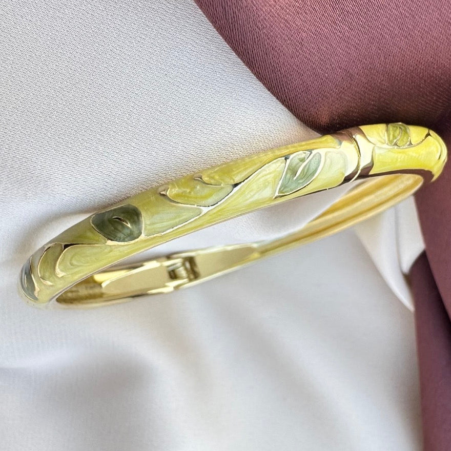 TFC  Size 2.6 Green Leafs Gold Plated Enamel Bracelet Bangle