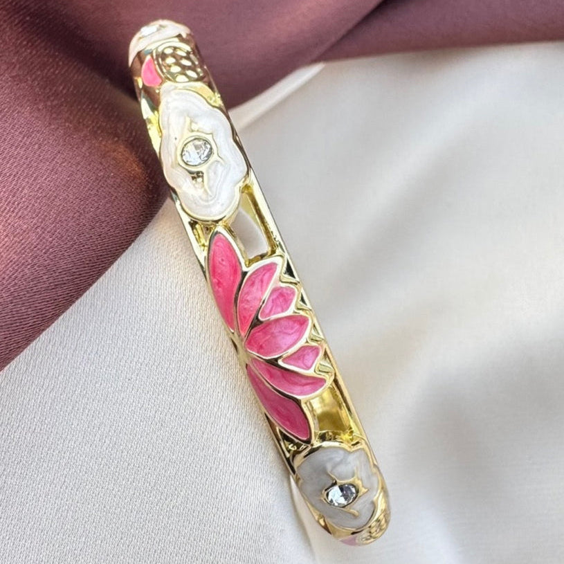 TFC White & Pink Lotus Gold Plated Enamel Bracelet Bangle (size 2.6)