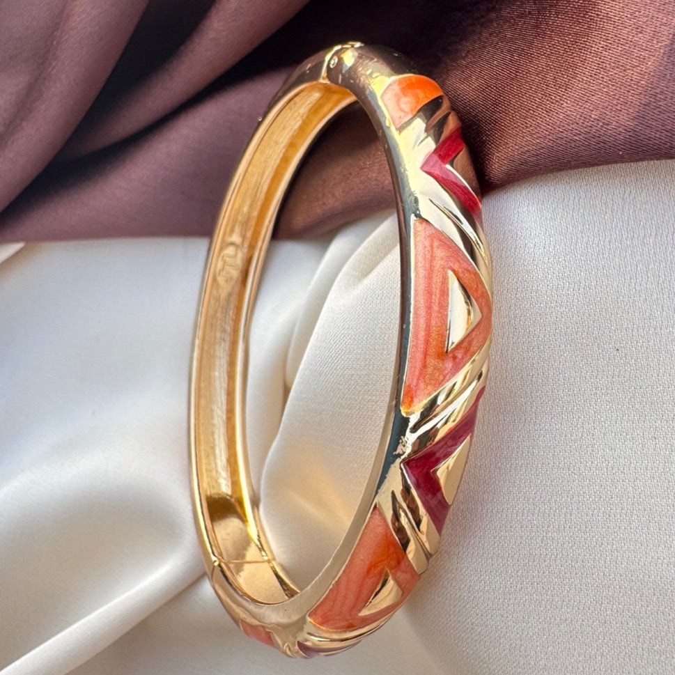 TFC Orange & Red Triangle Openable Gold Plated Enamel Bracelet Bangle (size 2.6)