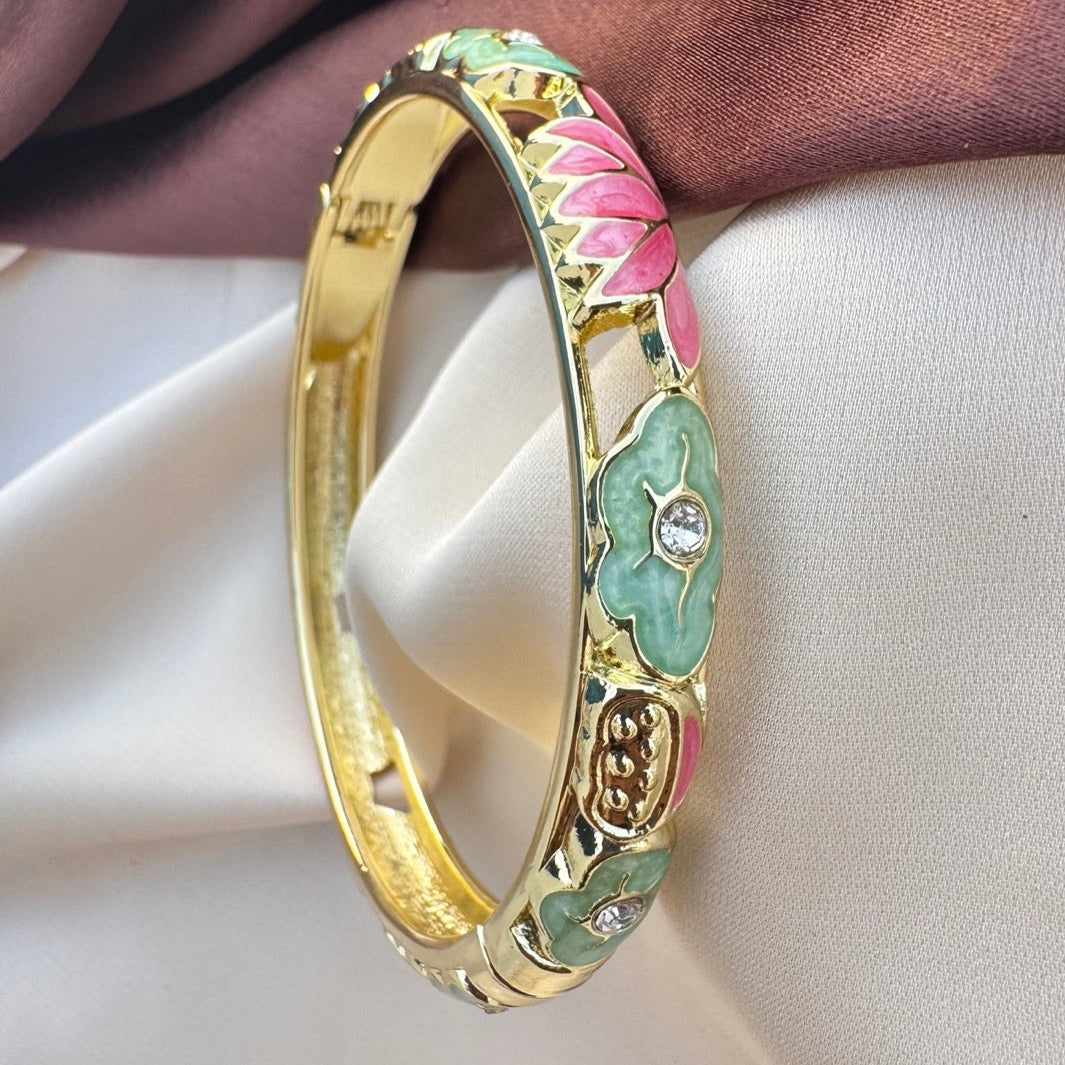 TFC Green & Pink Lotus Gold Plated Enamel Bracelet Bangle (size 26)