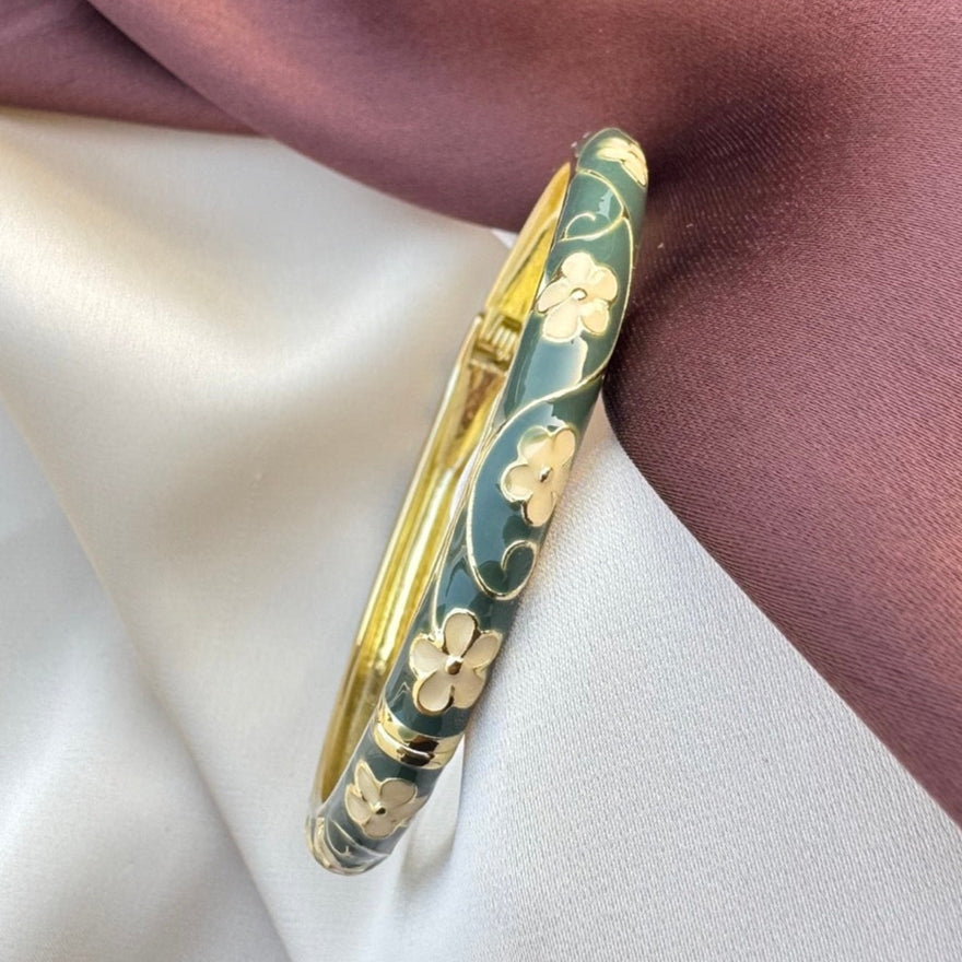 TFC Green Peach Flower Gold Plated Enamel Bracelet Bangle (size 2.6)