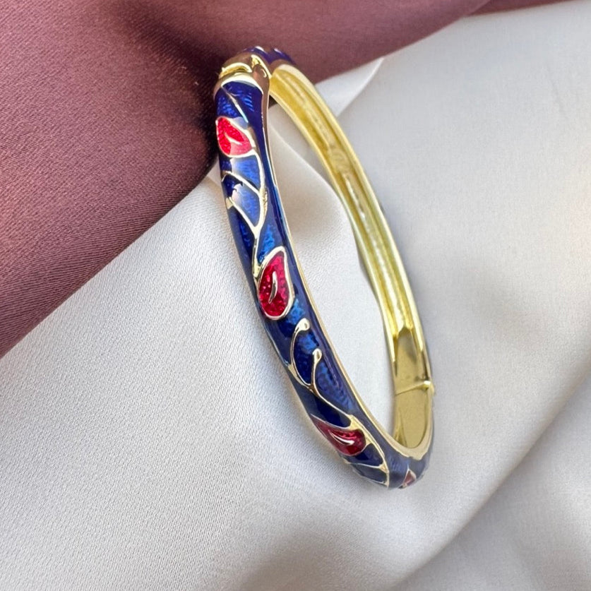 TFC Blue & Red Leaf Gold Plated Enamel Bracelet Bangle (size 2.6)