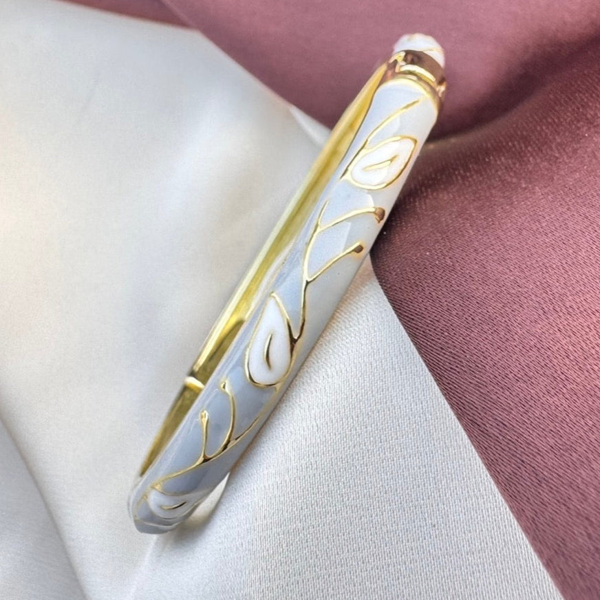 TFC  Size 2.6 Grey With White Leaf Gold Plated Enamel Bracelet Bangle