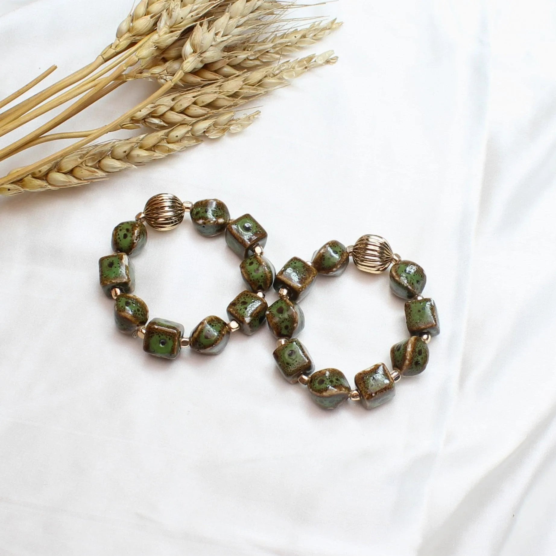 TFC Green Agate Stones with Gold Stacked Bracelet (Set of 3)