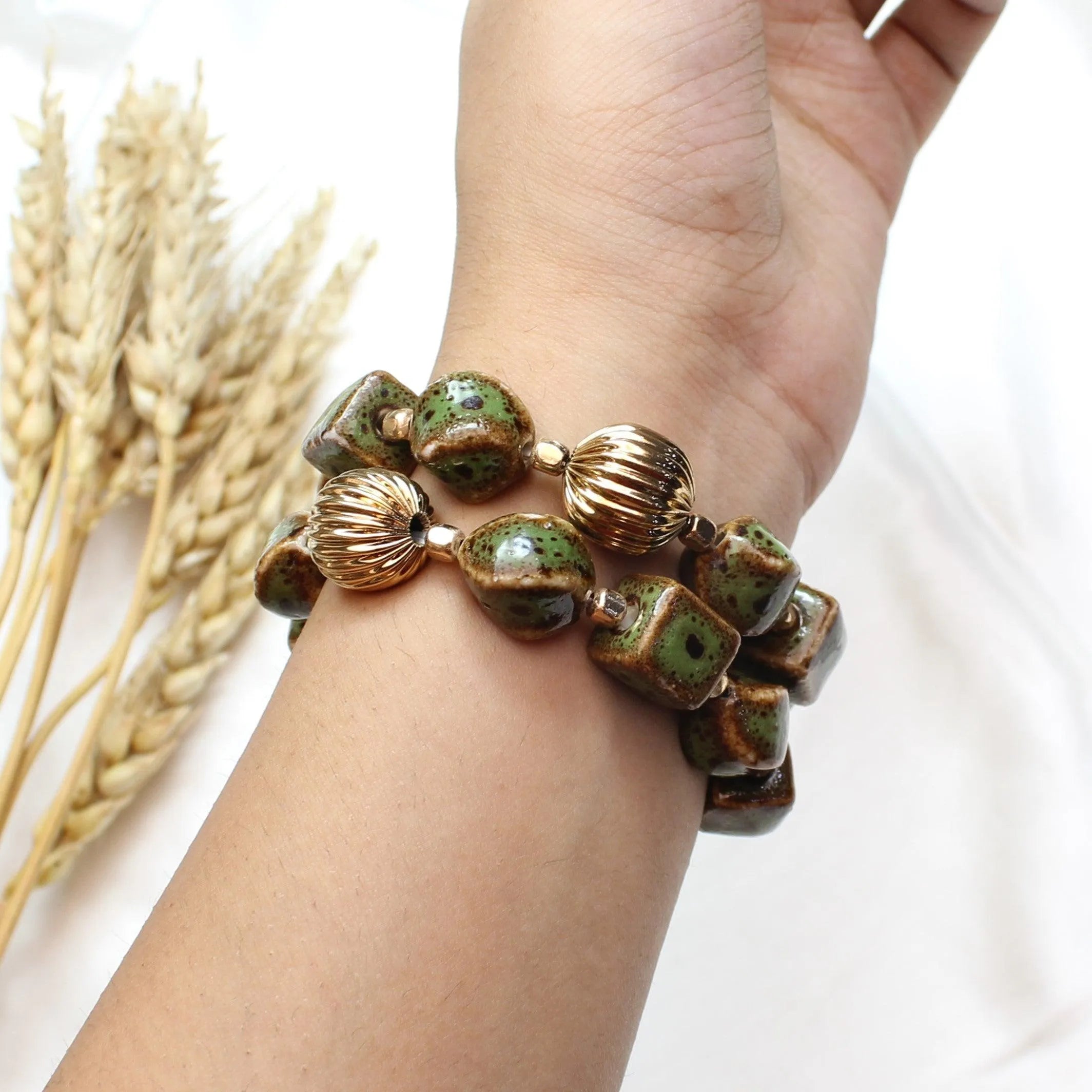 TFC Green Agate Stones with Gold Stacked Bracelet (Set of 3)