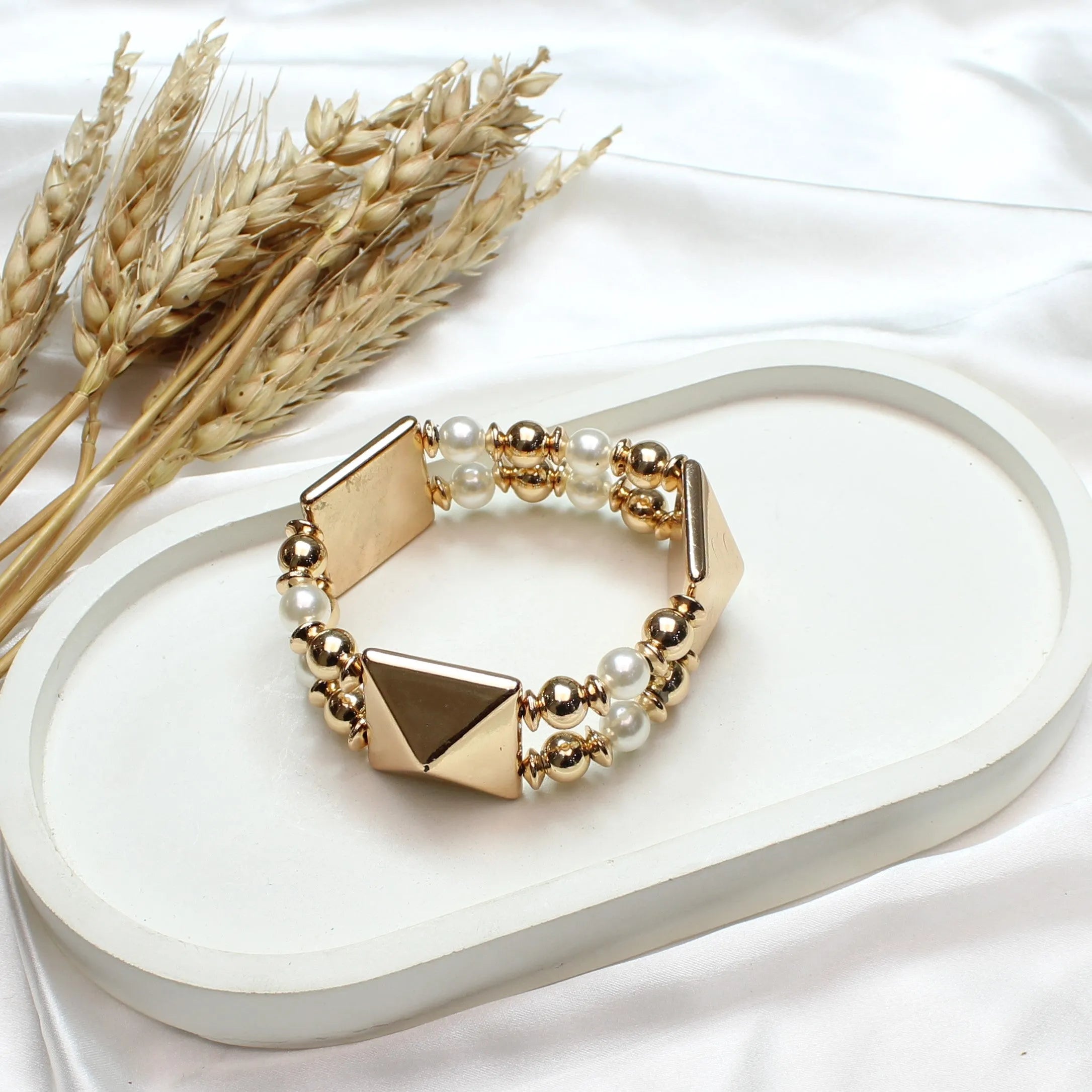 TFC 3D Square Pearl Gold Plated Adjustable Bracelet