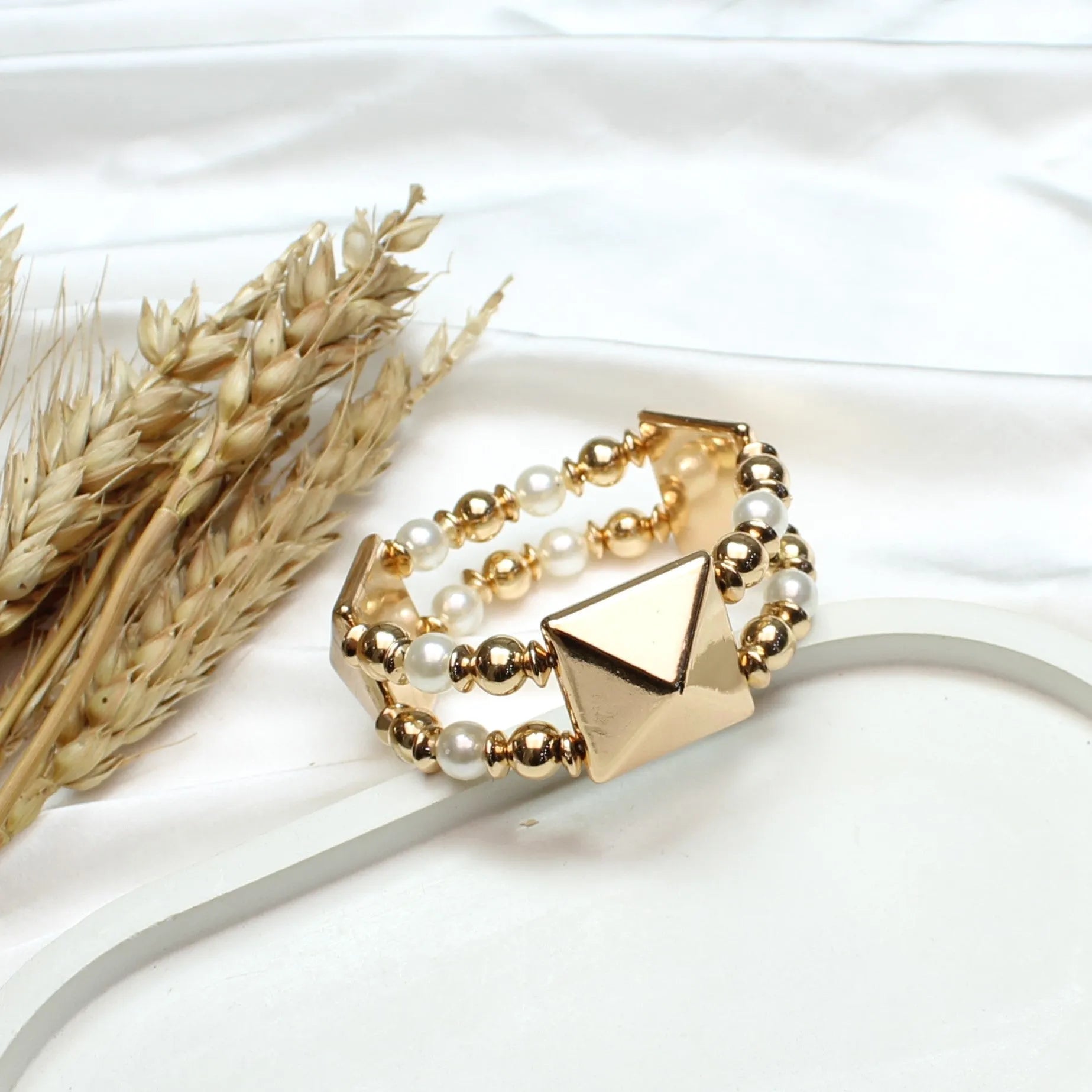 TFC 3D Square Pearl Gold Plated Adjustable Bracelet