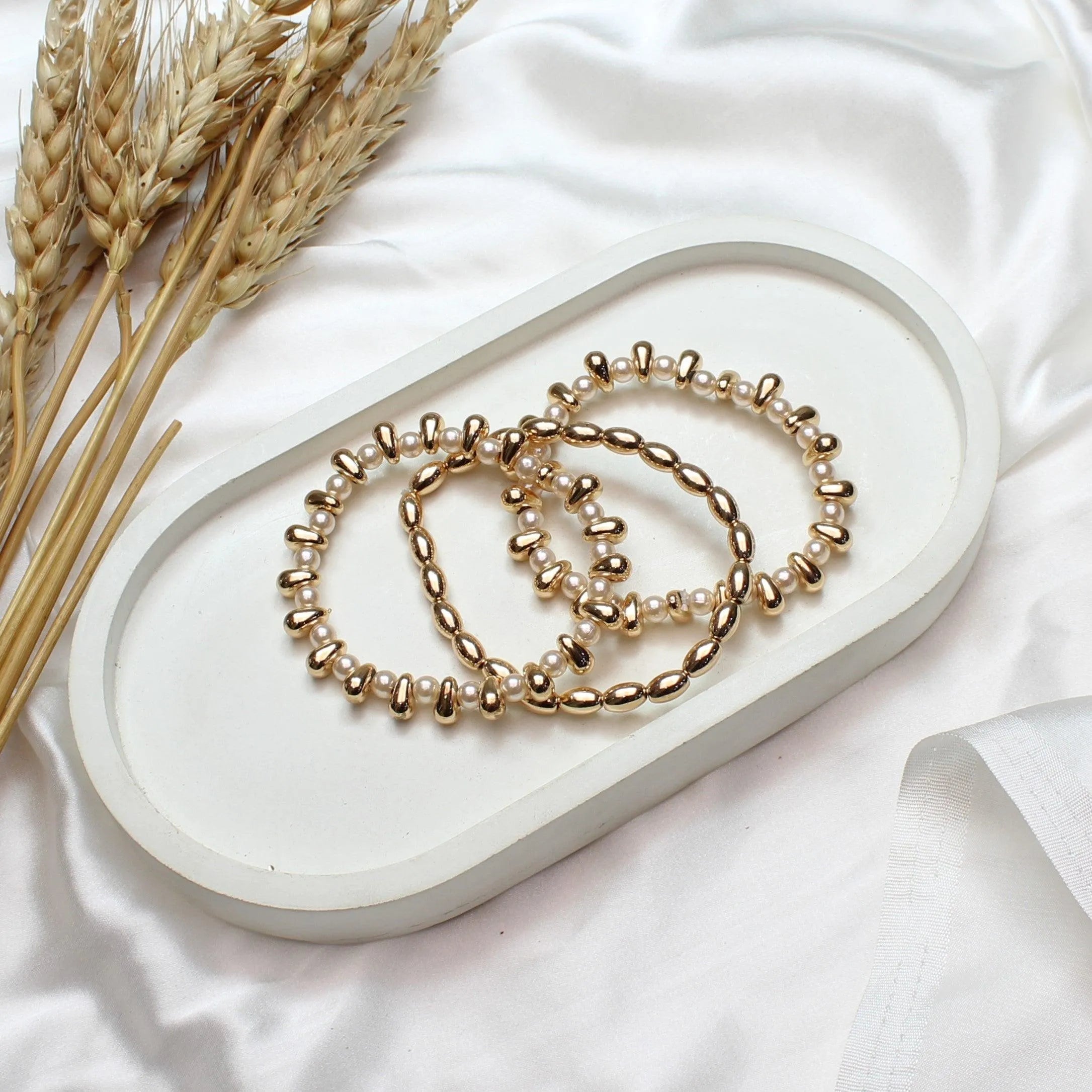 TFC Pinteresty Pearl Gold Plated Stacked Bracelet (Set of 3)