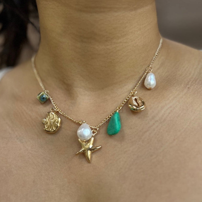 TFC Star Green Bead Charm Gold Plated Necklace