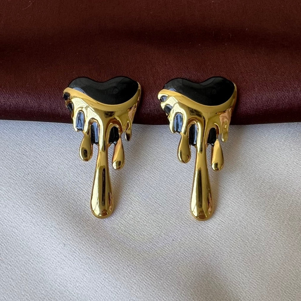 TFC Black Melting Heart Gold Plated Stud Earrings