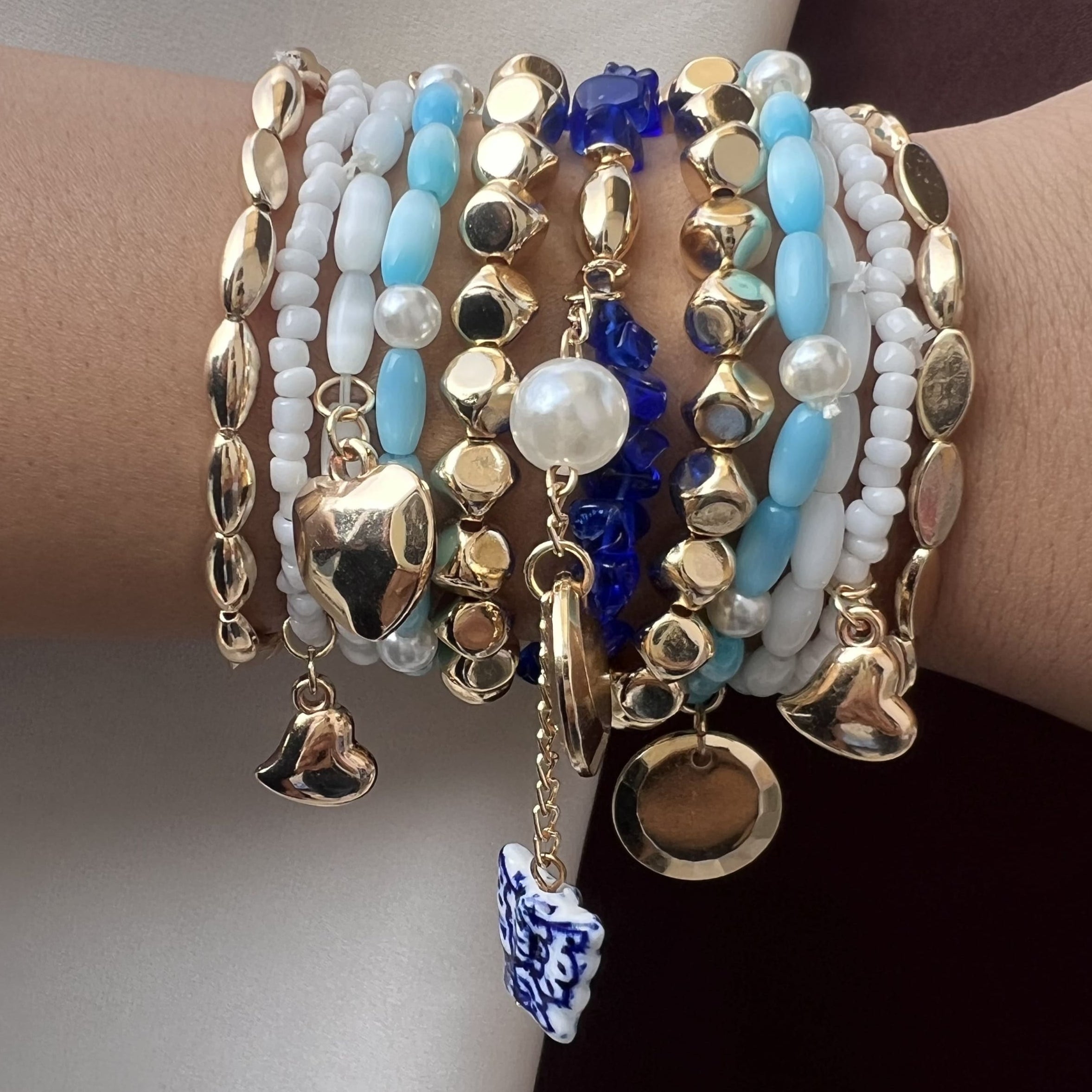 TFC Mixed Blue Bead Gold Plated Bracelet (set of 11)