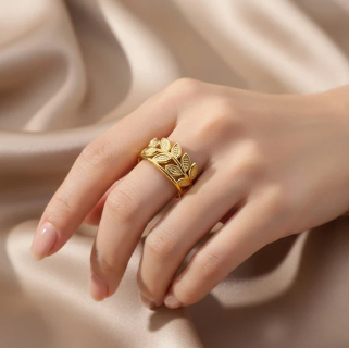 TFC Textured Leaf Gold Plated Adjustable Ring