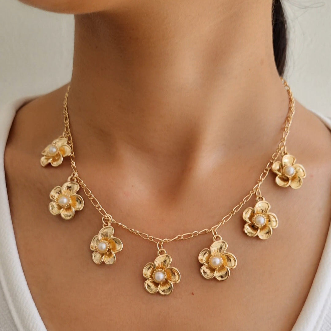 TFC Flower Pearls Charms Gold Plated Necklace
