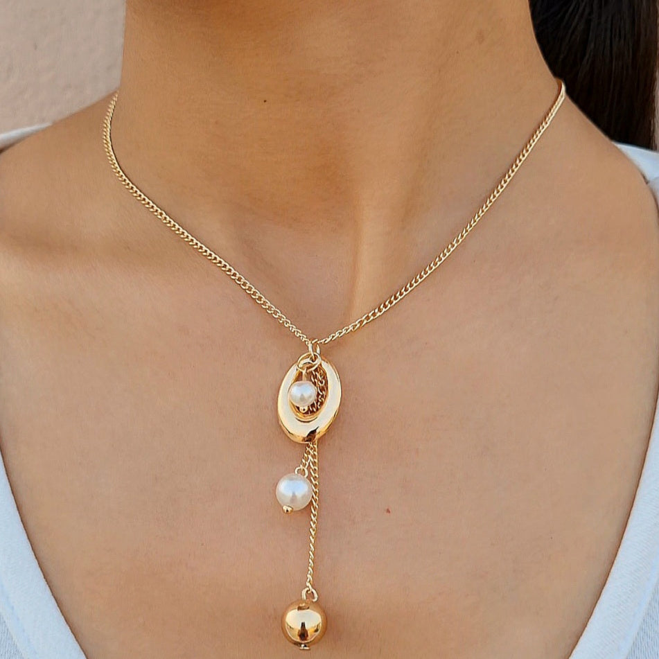 TFC Oval Pearl Gold Plated Pendant Necklace