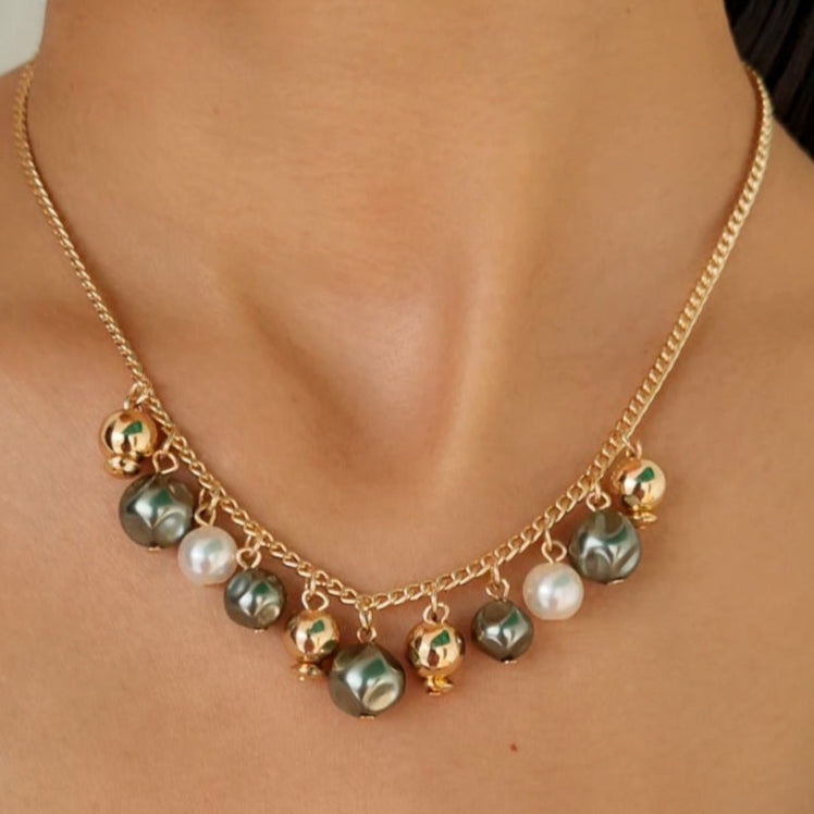 TFC Olive & White Pearl Gold Plated Necklace