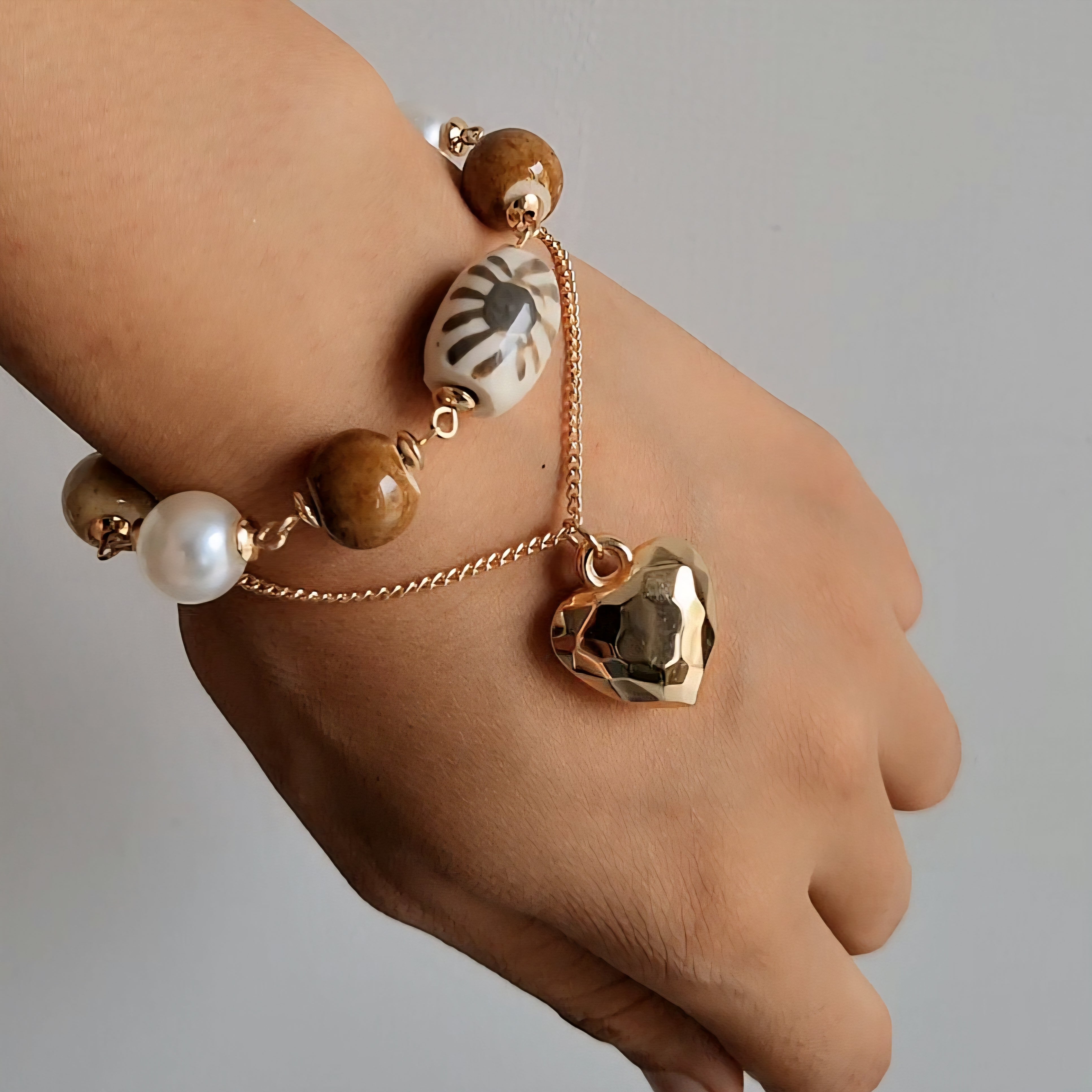 TFC Brown Bead Heart Charms Gold Plated Bracelet