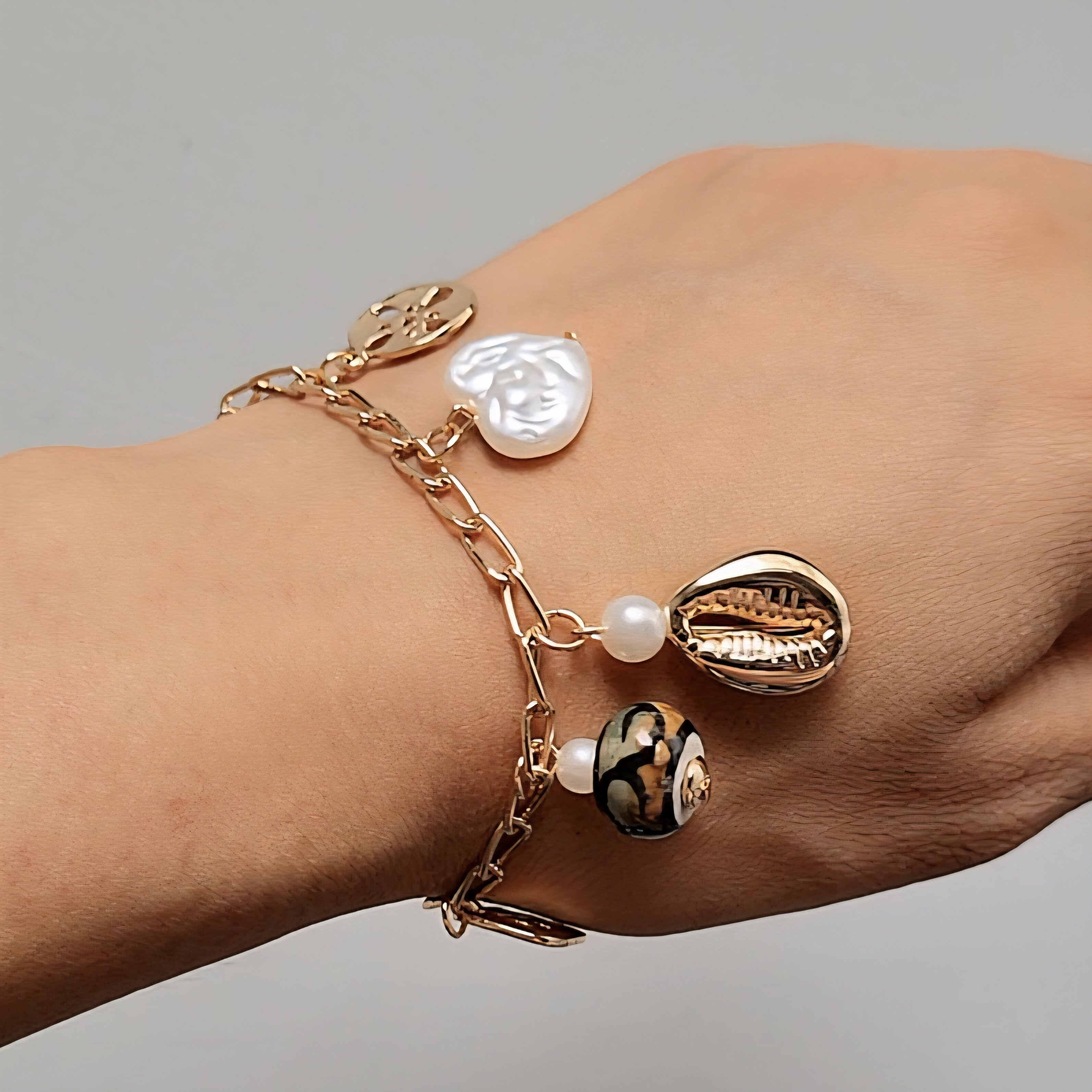 TFC Coffee Bead Pearl Charms Gold Plated Bracelet
