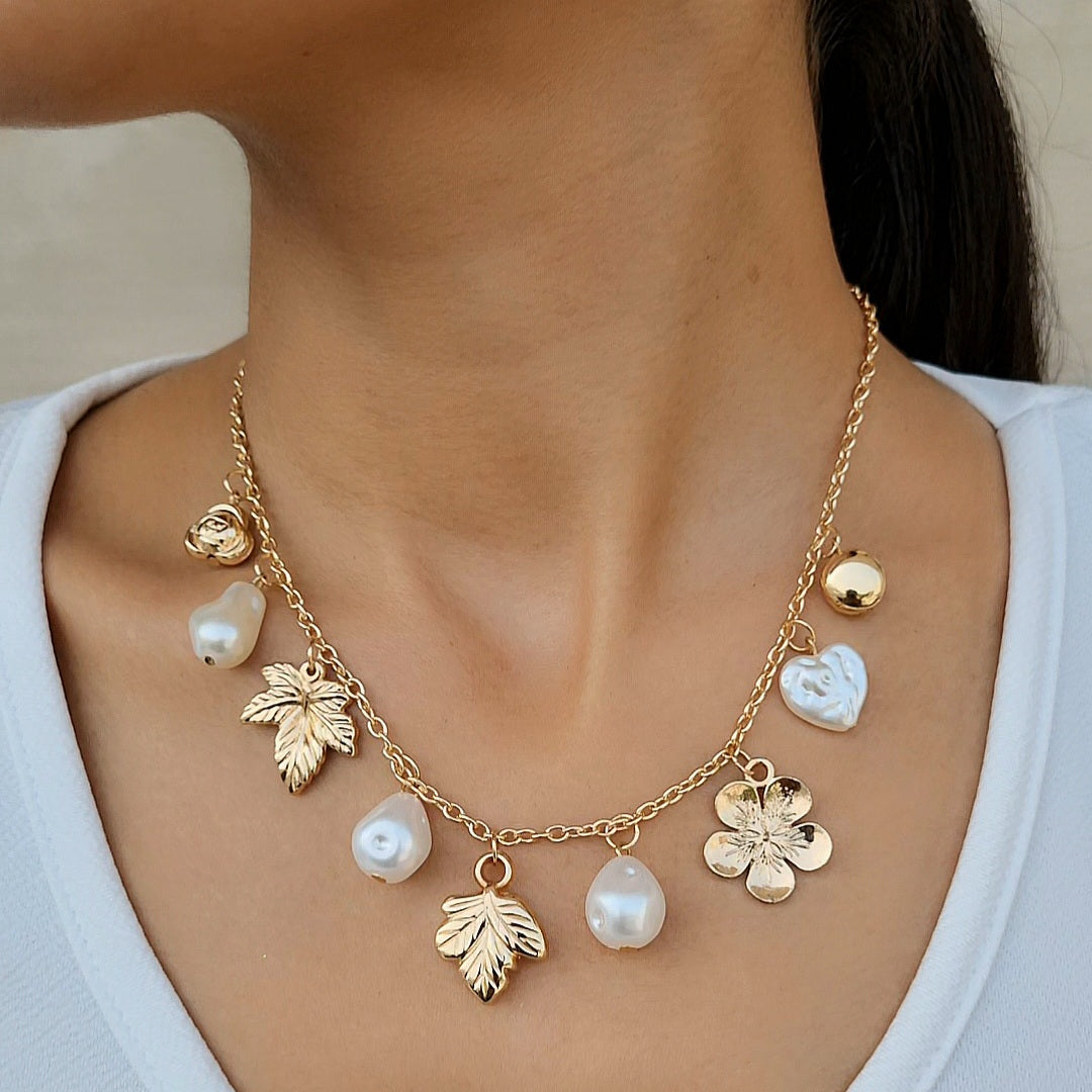 TFC Leaf & Pearl Charms Gold Plated Necklace