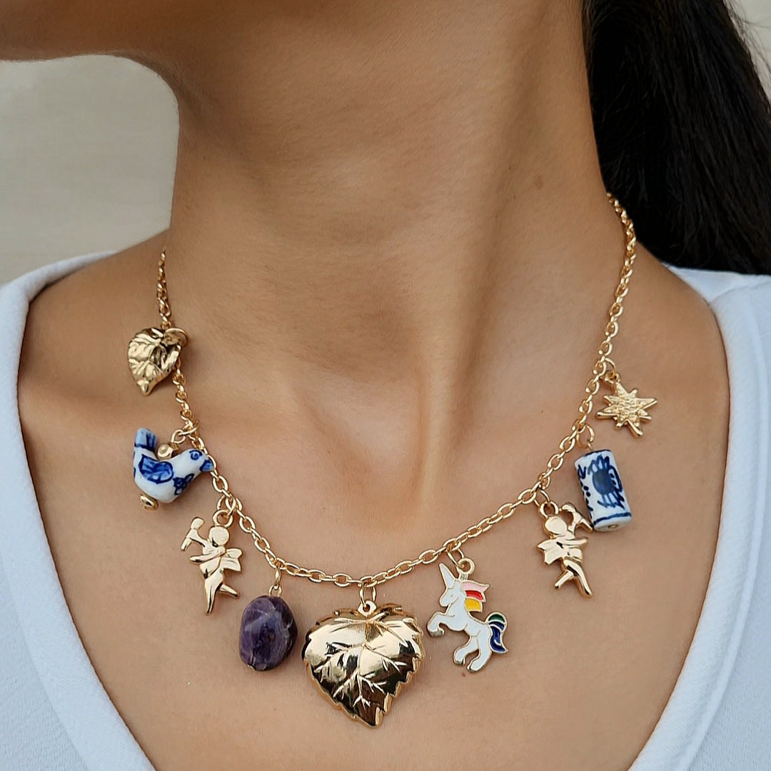 TFC Leaf Multi Charms Gold Plated Necklace