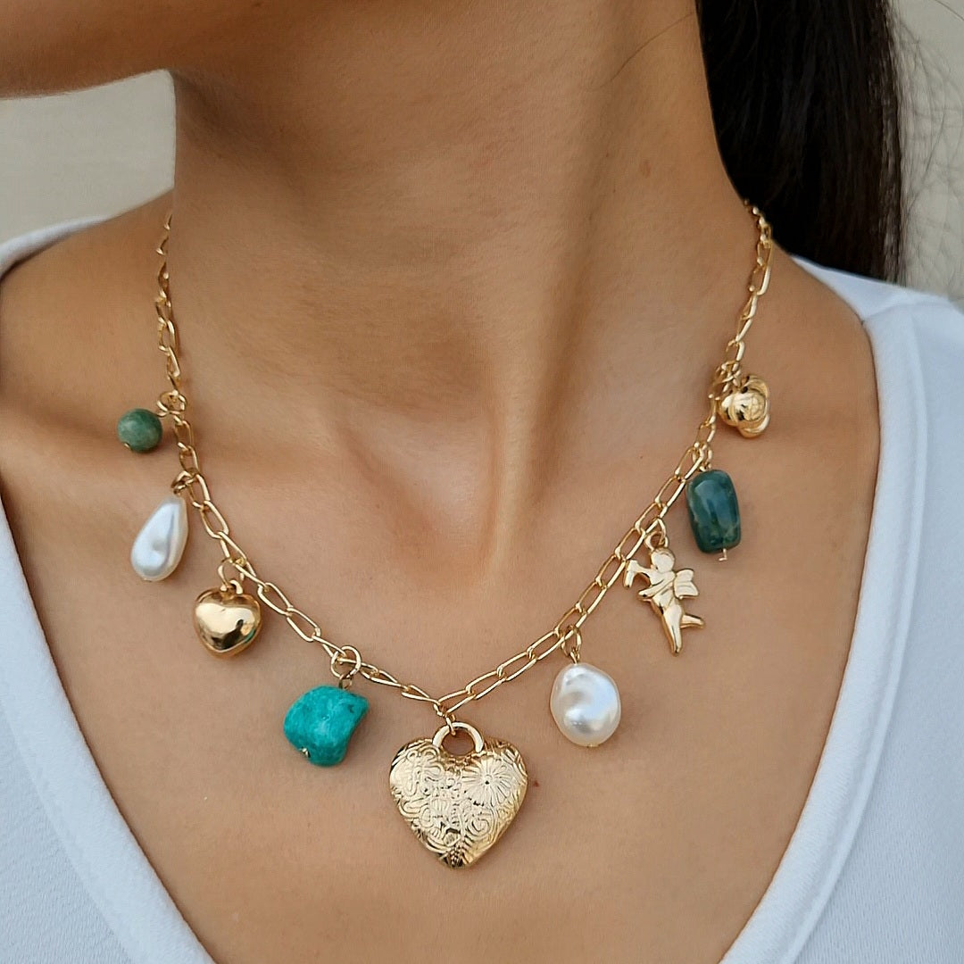 TFC Heart Multi Charms Gold Plated Necklace