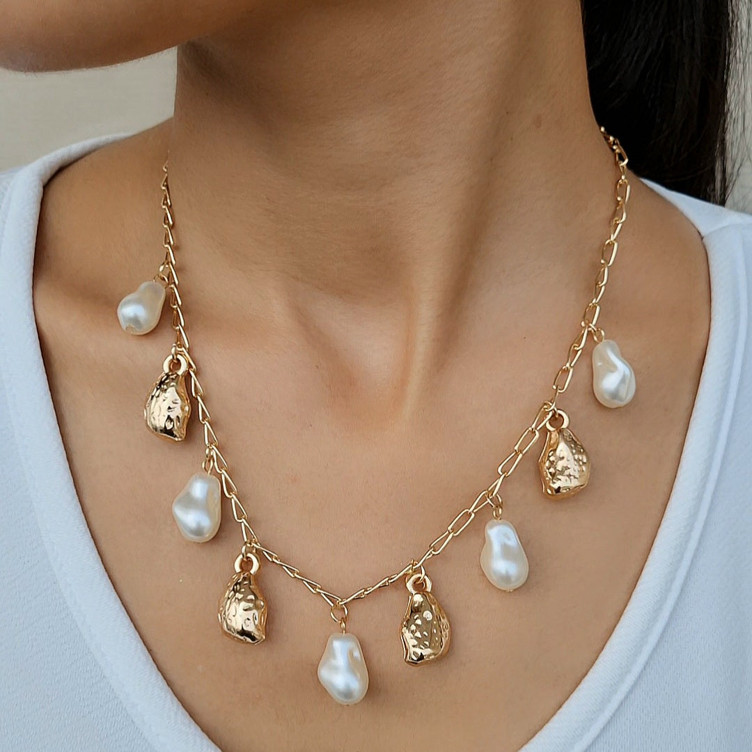 TFC Rock & Pearl Charms Gold Plated Necklace