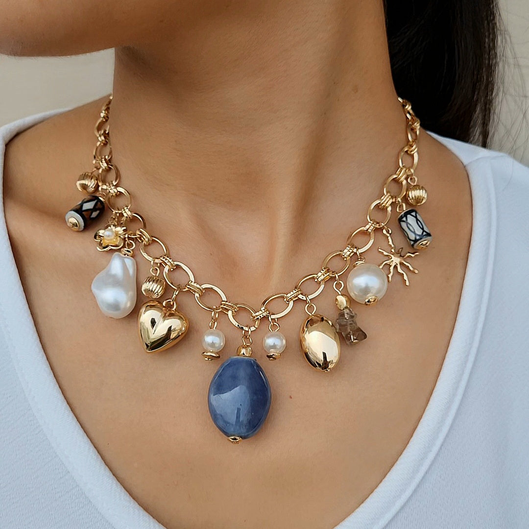 TFC Blue Bliss Beads Charms Gold Plated Necklace