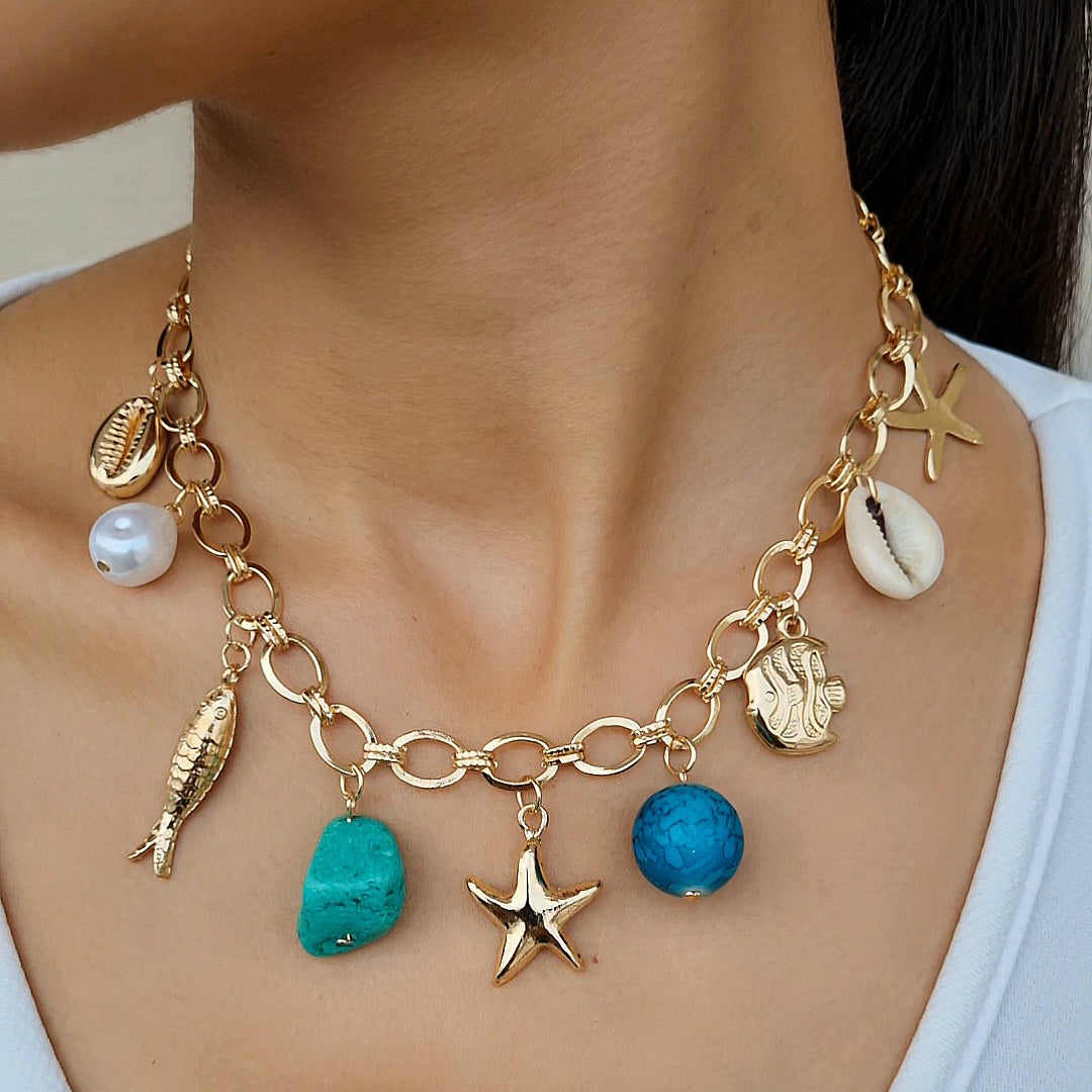 TFC Oceanic Beads Charms Gold Plated Necklace