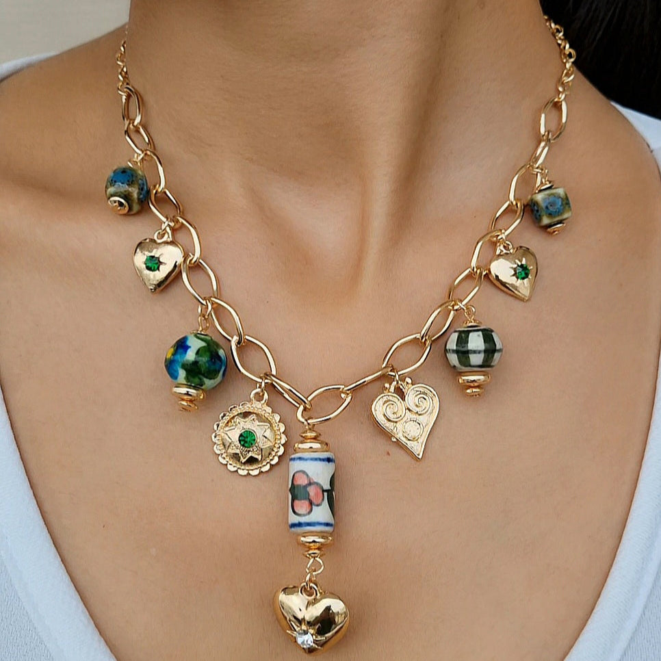 TFC Pottery Bead Charms Gold Plated Necklace