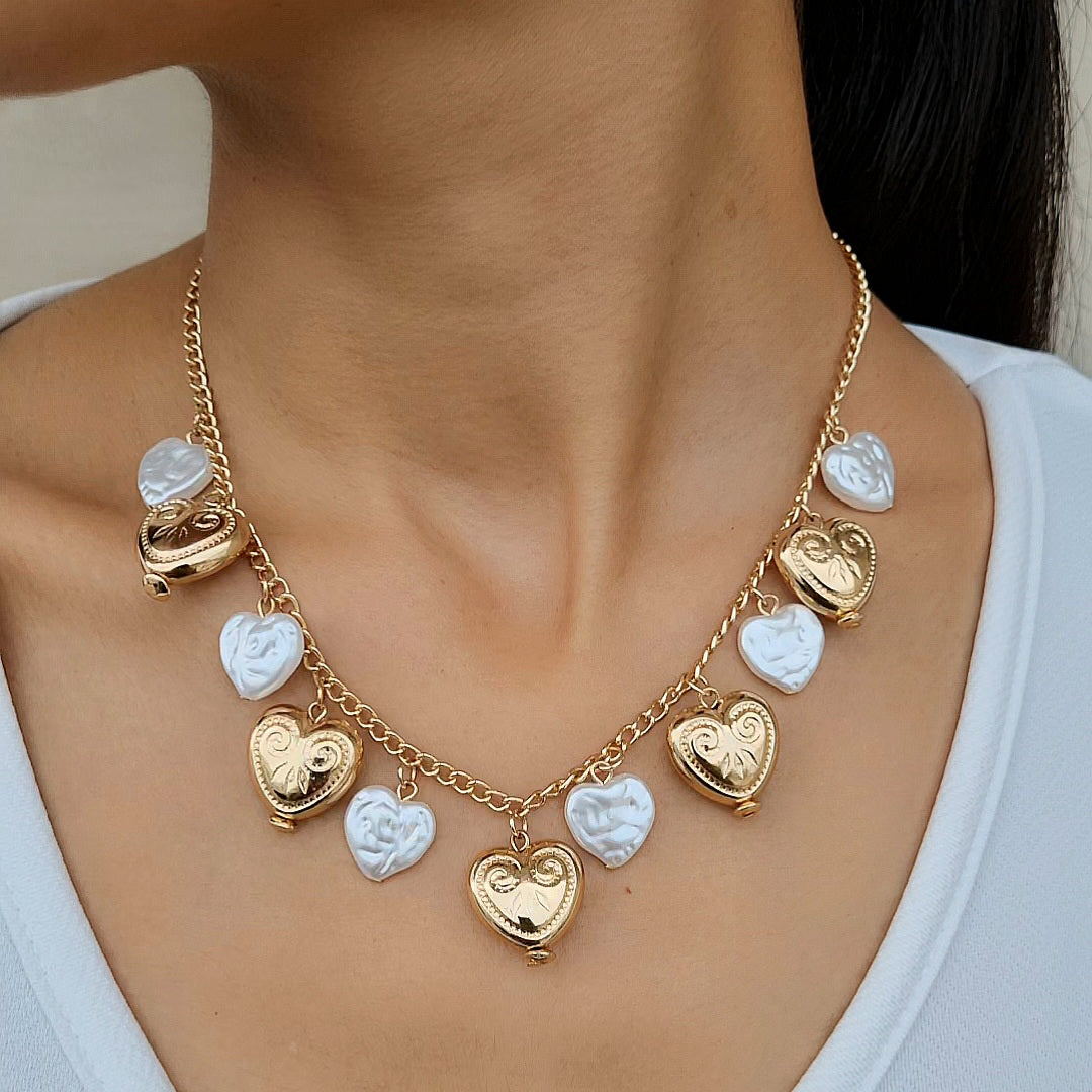 TFC Pearly Heart Charms Gold Plated Necklace