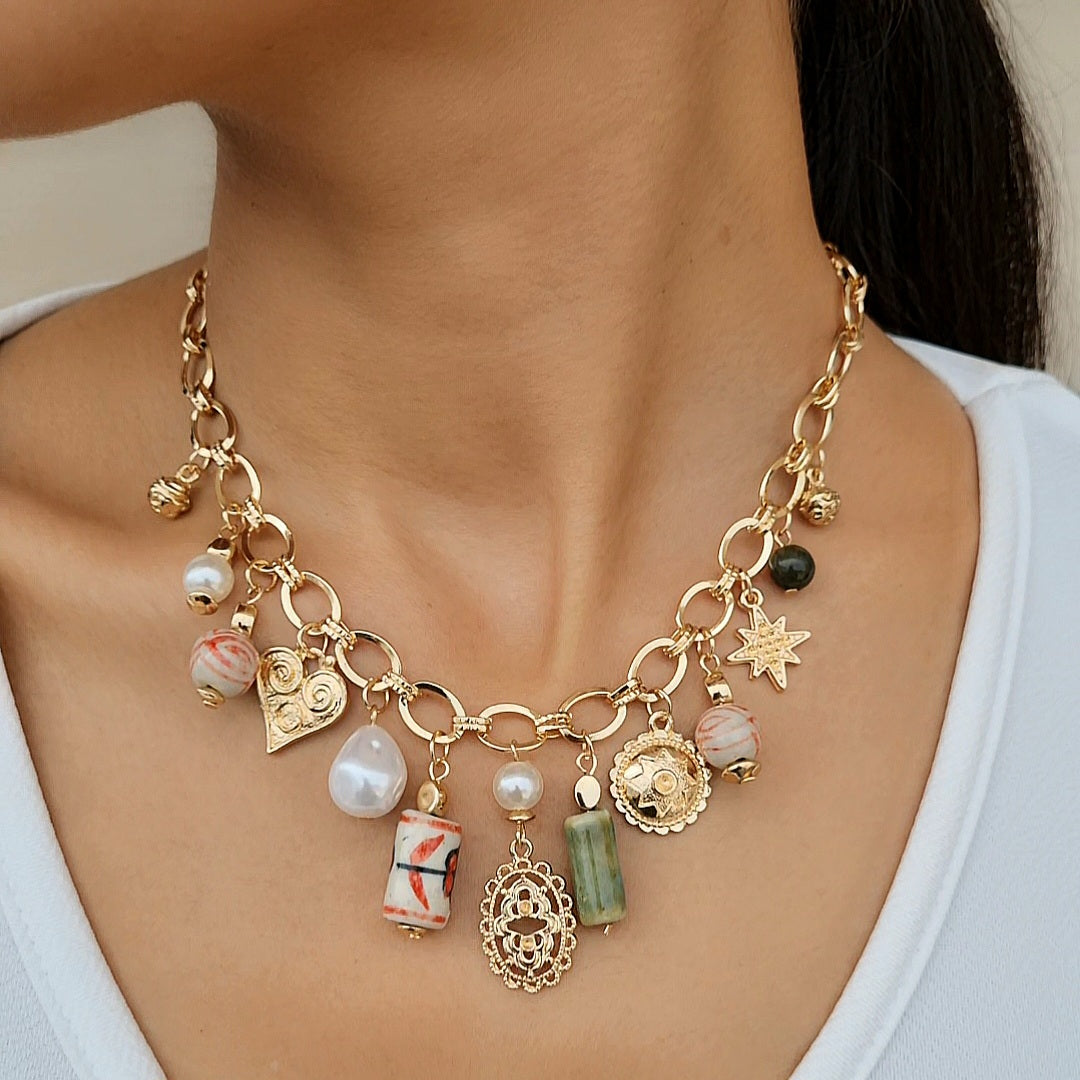 TFC Adorned Bead Charms Gold Plated Necklace