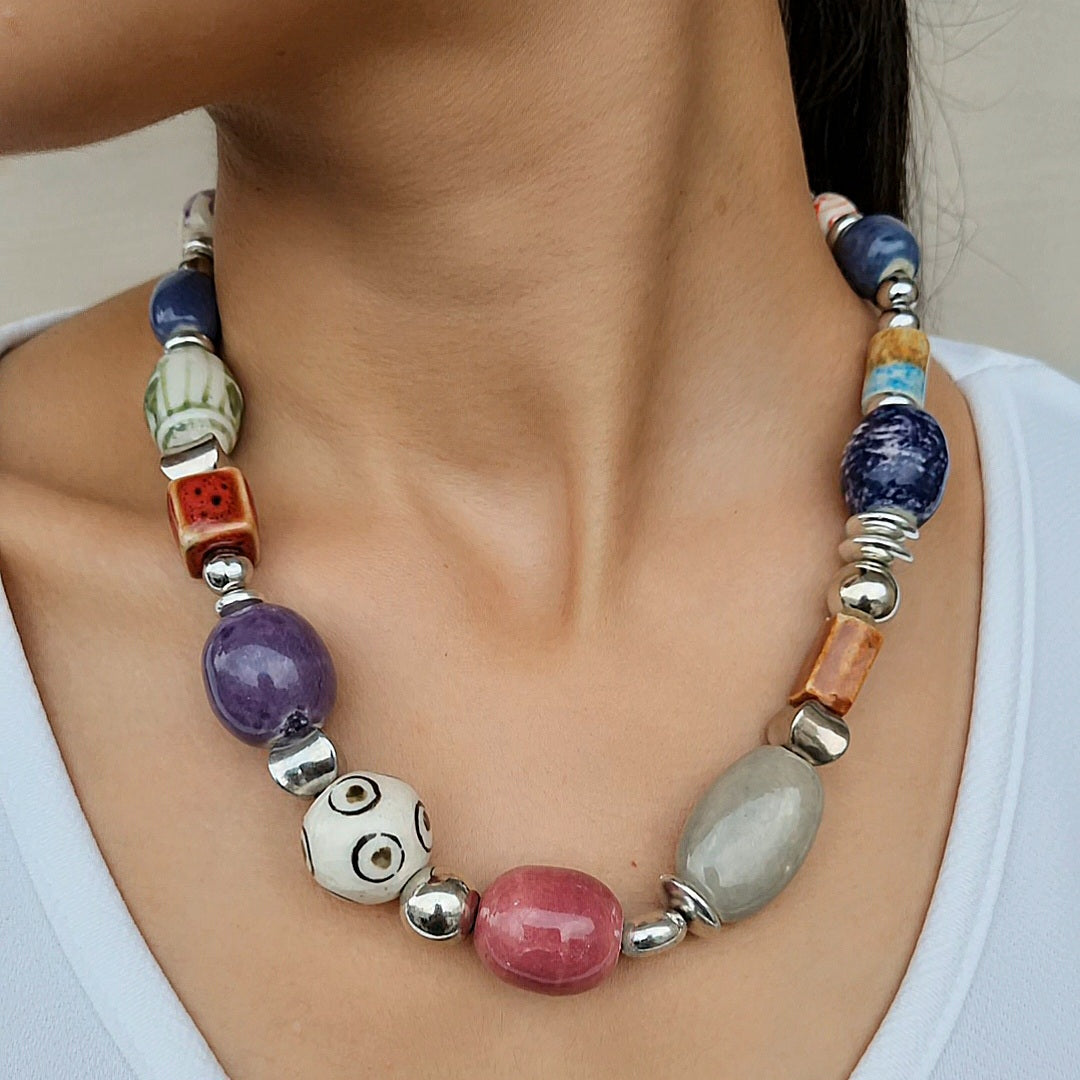 TFC Grey Bead Charms Silver Plated Necklace