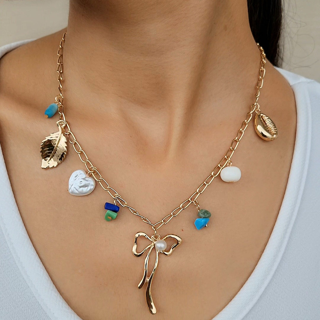 TFC Vintage Bow Charms Gold Plated Necklace