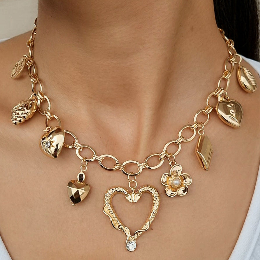 TFC Lucky Heart Charms Gold Plated Layered Necklace