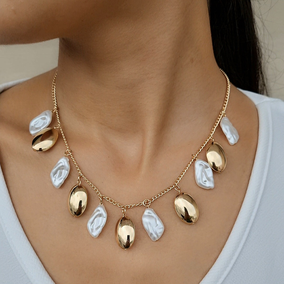 TFC Long Oval & Pearl Charms Gold Plated Necklace