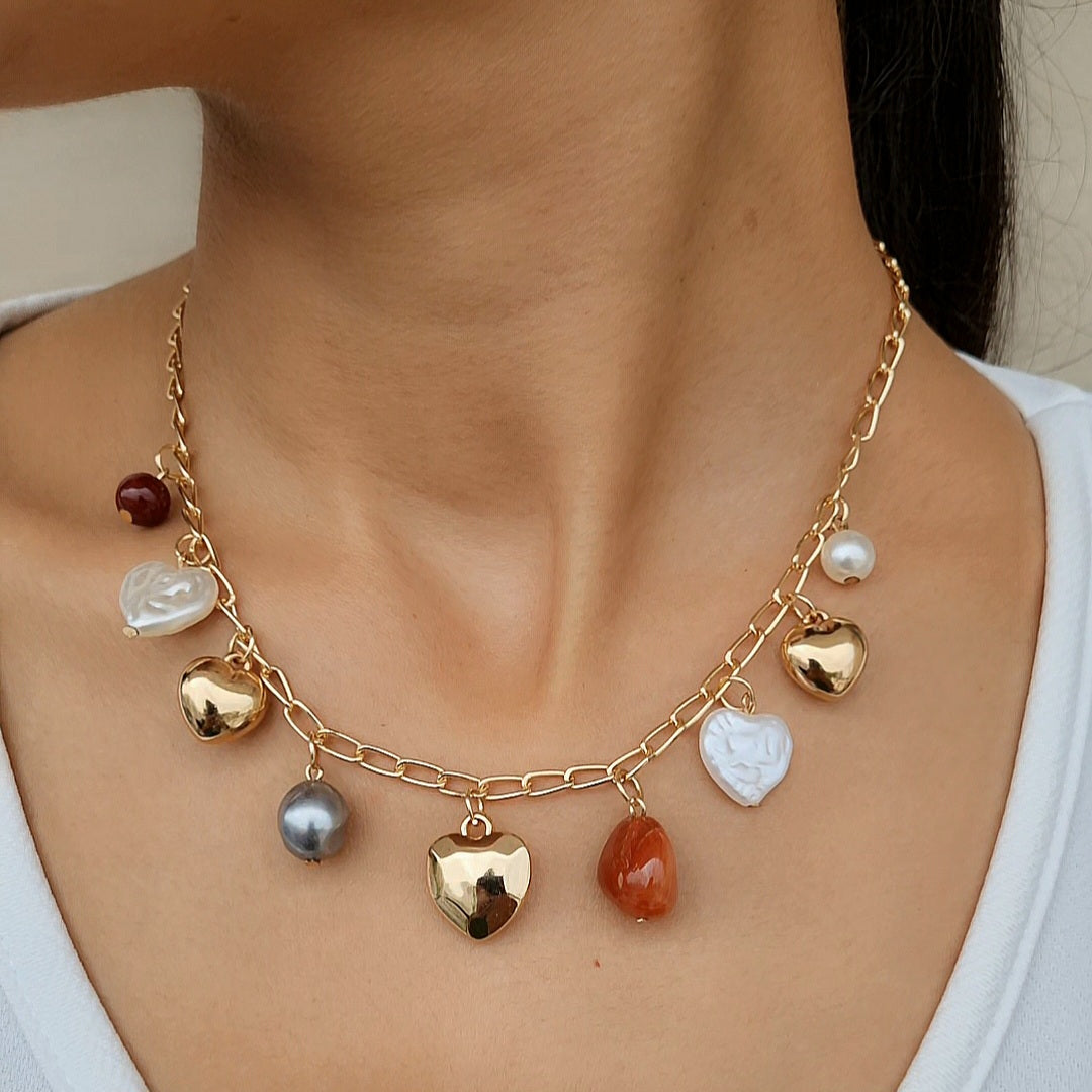 TFC Textured Heart Charms Gold Plated Necklace