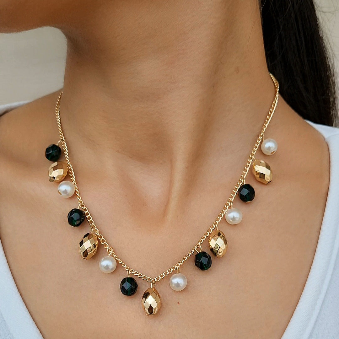 TFC Dark Green Bead & Pearl Charms Gold Plated Necklace