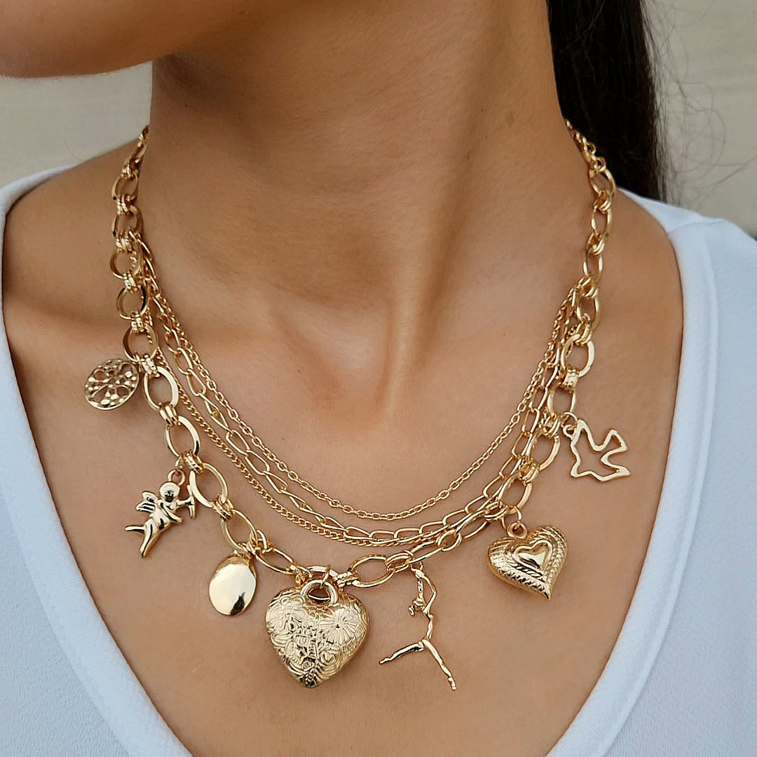 TFC Lucky Locket Charms Gold Plated Layered Necklace