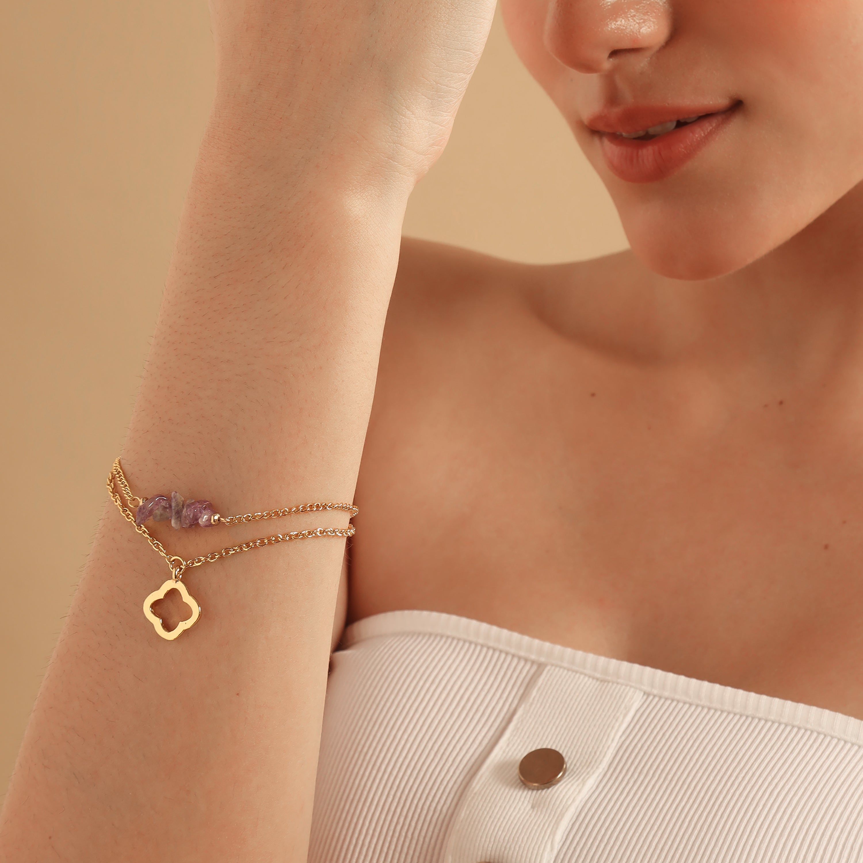 TFC Amethyst Stone Clover Charm Gold Plated Stacked bracelet-Discover our stunning collection of stylish bracelets for women, featuring exquisite pearl bracelets, handcrafted beaded bracelets, and elegant gold-plated designs. Enjoy cheapest anti-tarnish fashion jewellery and long-lasting brilliance only at The Fun Company