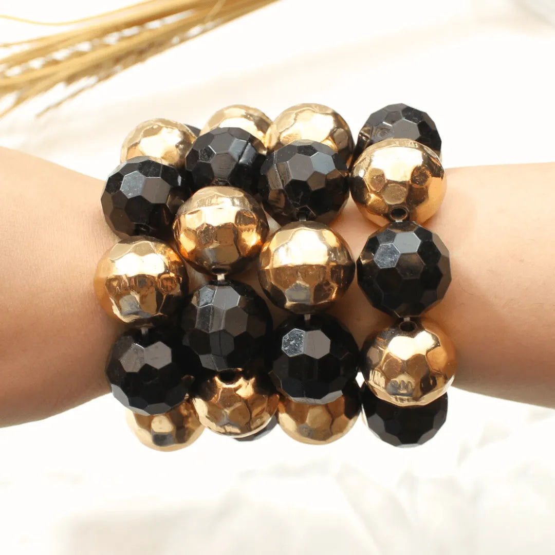 TFC Black And Gold Bold Bead Gold Plated Stacked Bracelet (Set of 4)